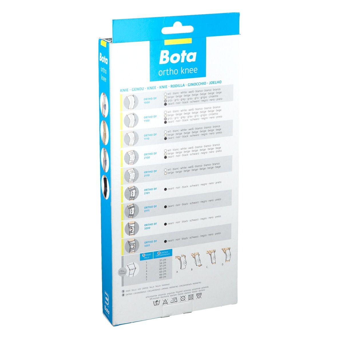 Dos de la boîte Bota Ortho genou. Informations sur les tailles et illustrations du produit.