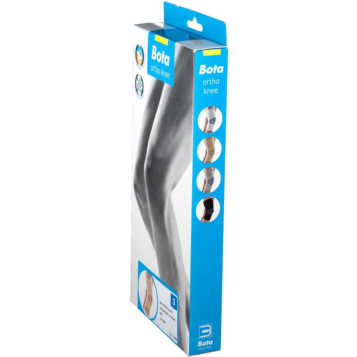 Zijaanzicht van de Bota Ortho kniebrace verpakking. Logo en productafbeeldingen. Maat 3.