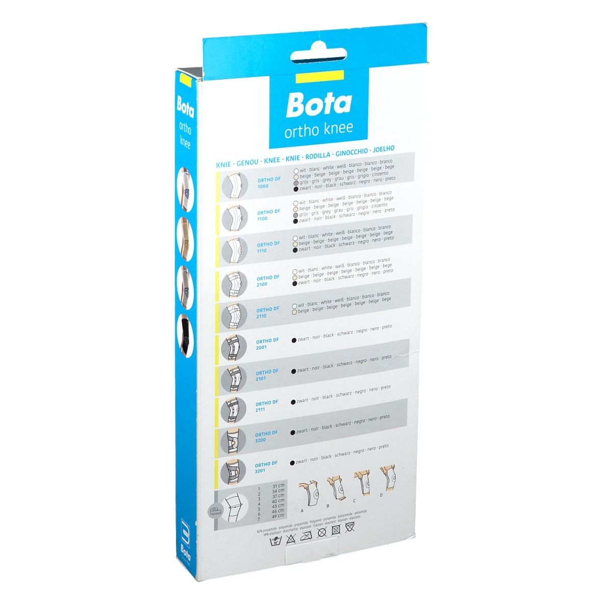 Achterkant van de Bota Ortho kniebrace verpakking. Productinformatie en maatindicaties.