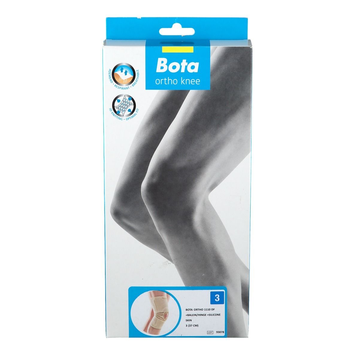 Verpakking van de Bota Ortho kniebrace. Vooraanzicht met productafbeelding en logo. Maat 3.