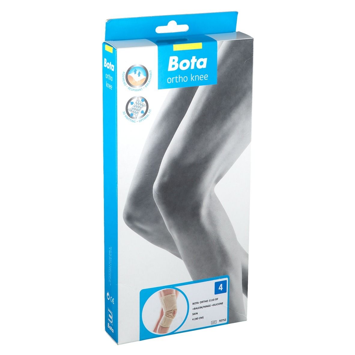 Verpakking BOTA ortho knee. Illustratie van een knie. Maat 4. Opschriften: BOTA, ortho knee, illustraties.