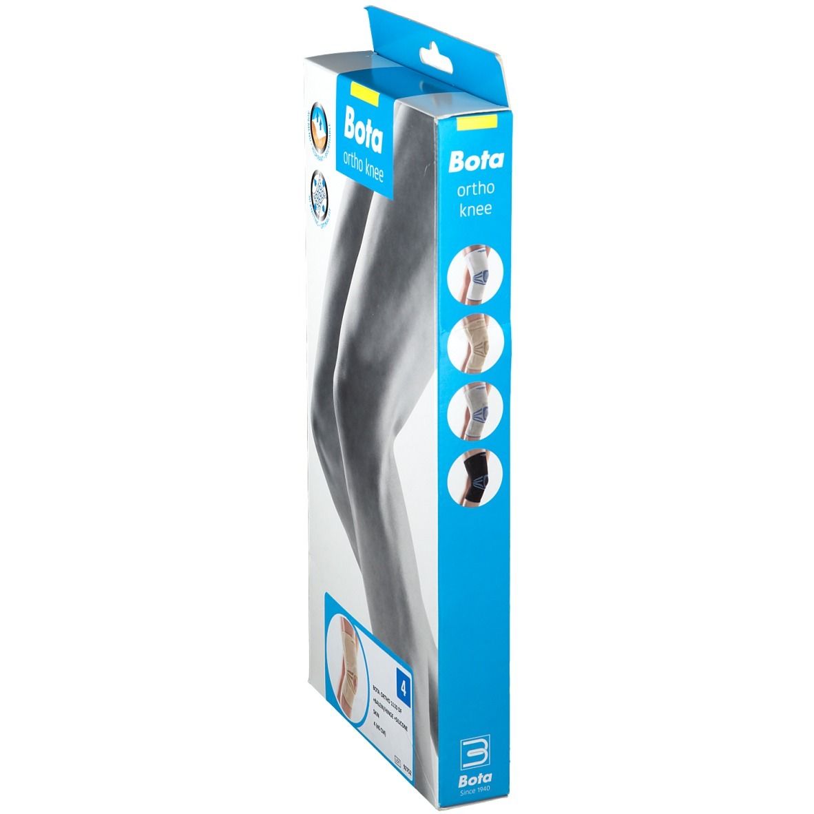 Zijaanzicht van de BOTA ortho knee verpakking. Illustratie van een knie. Opschriften: BOTA, ortho knee, illustraties, maat 4.