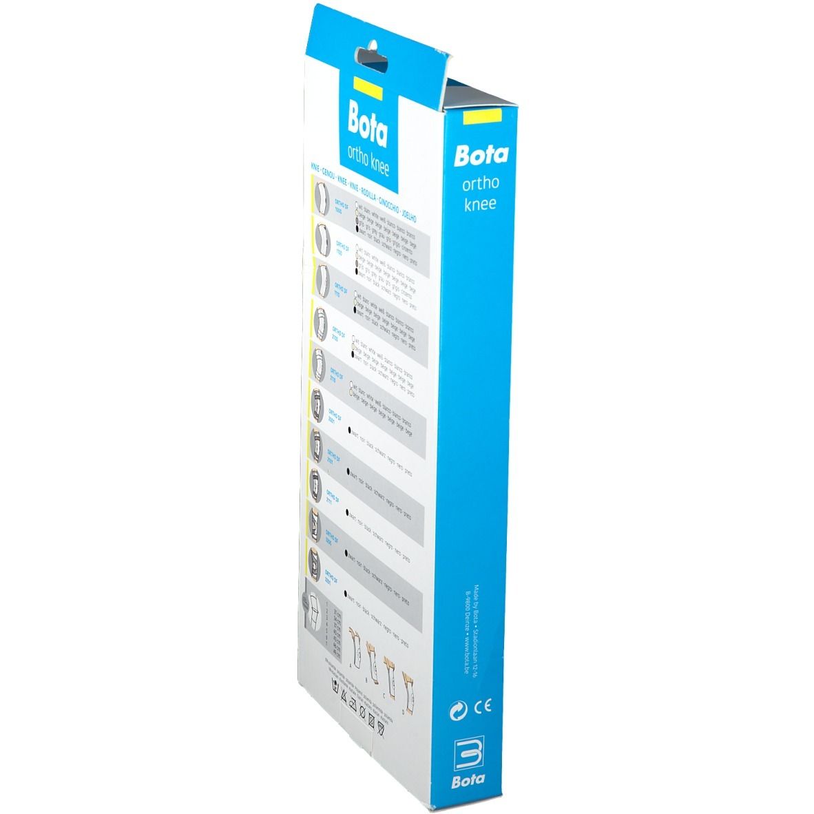 Zijaanzicht van de BOTA ortho knee verpakking. Productinformatie en illustraties. Opschriften: BOTA, ortho knee, CE-markering.
