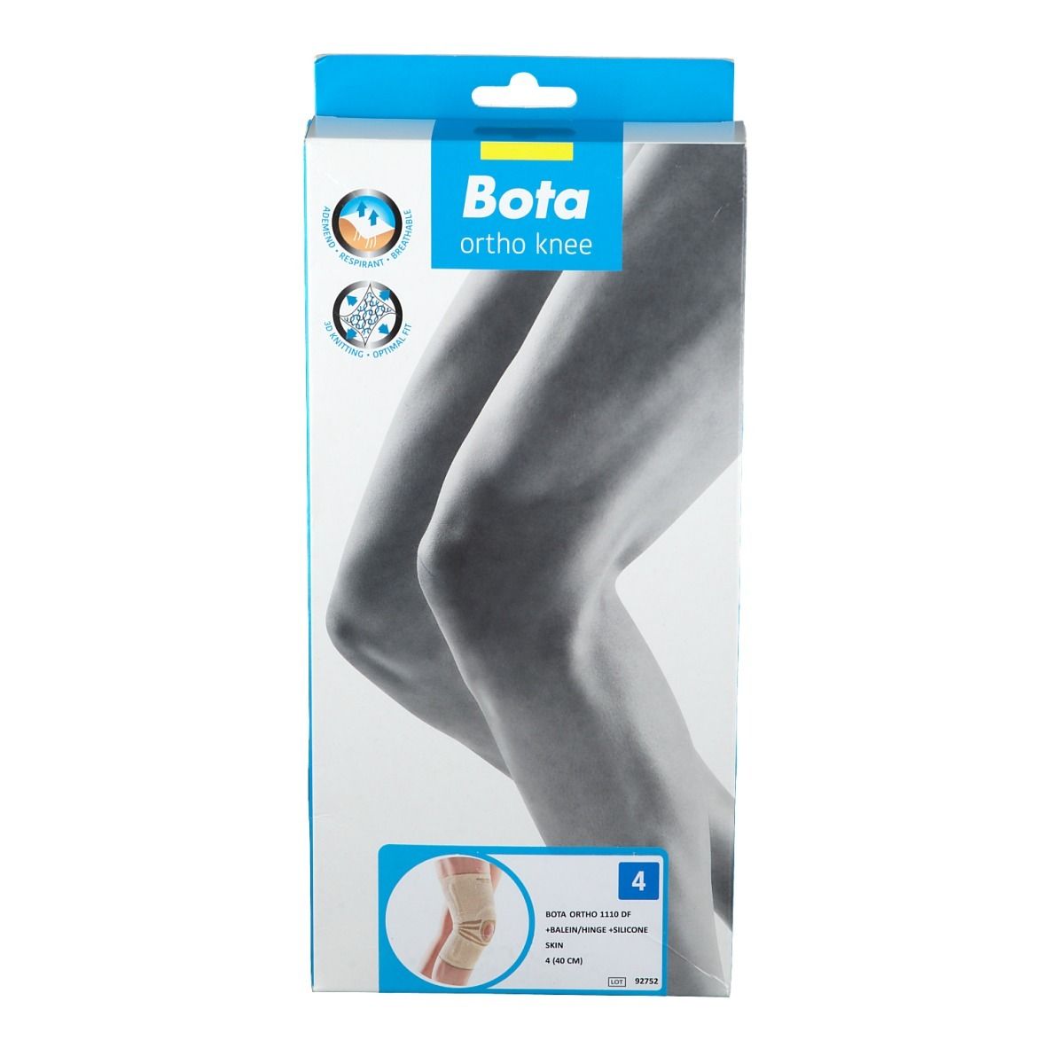 Verpakking BOTA ortho knee. Illustratie van een knie. Maat 4. Opschriften: BOTA, ortho knee, illustraties.