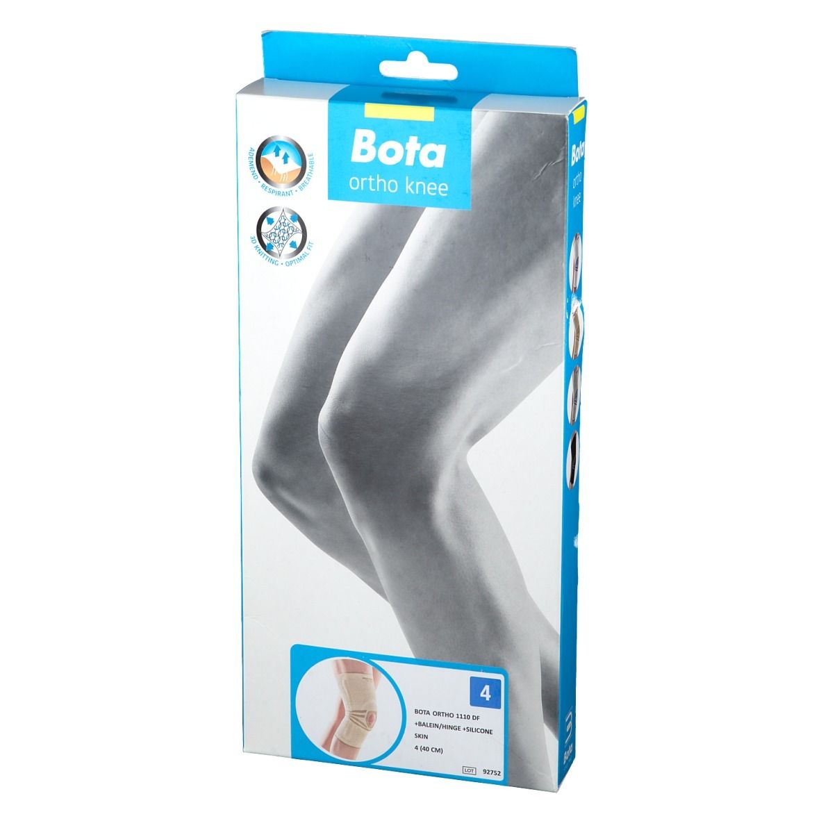 Verpakking BOTA ortho knee. Illustratie van een knie. Maat 4. Opschriften: BOTA, ortho knee, illustraties.
