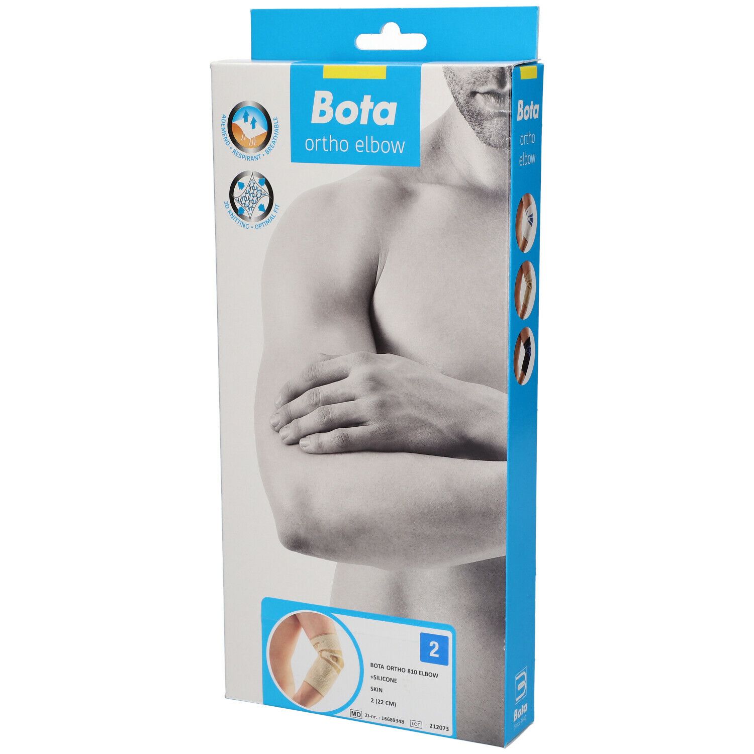 Emballage Bota Ortho Elbow. Face avant avec illustration d'un bras et image du produit. Couleurs bleu et blanc.