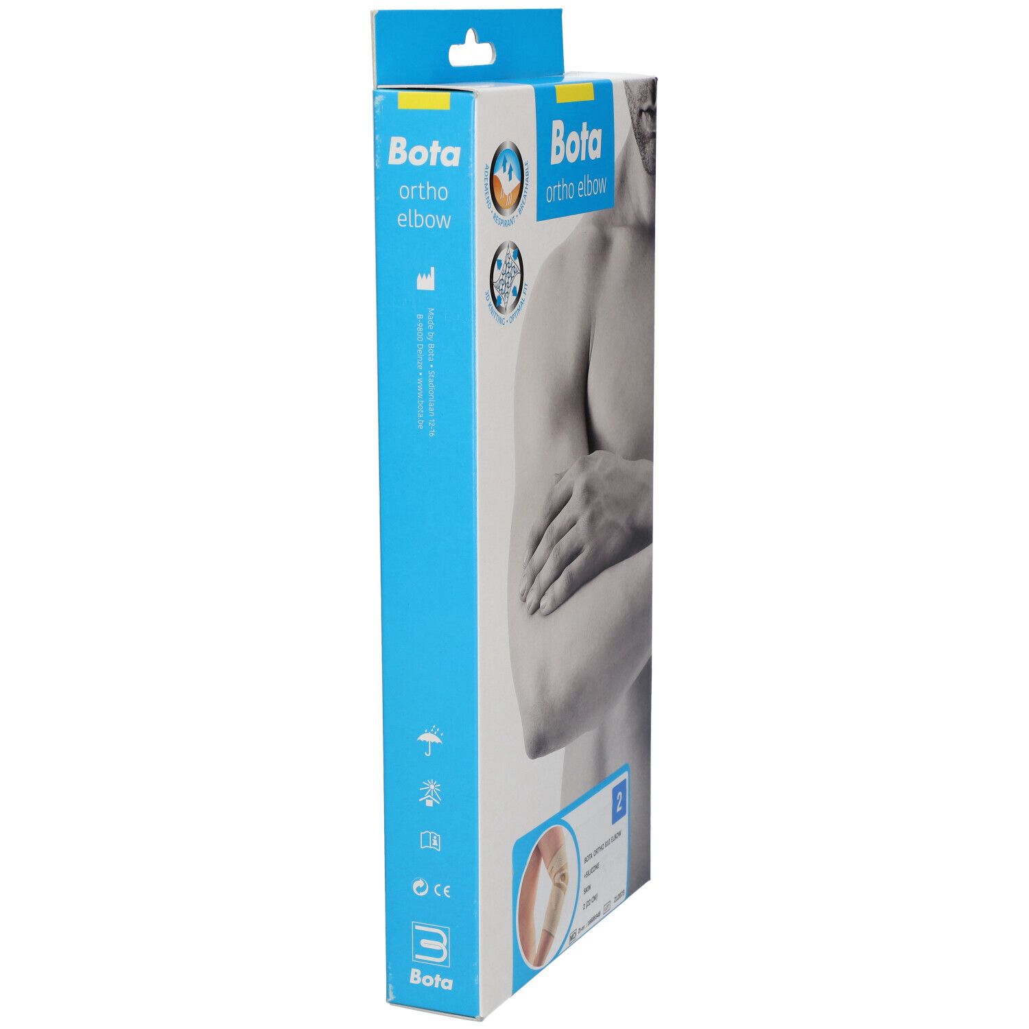 Vue latérale de l'emballage Bota Ortho Elbow. Emballage bleu et blanc avec image du produit et logo.