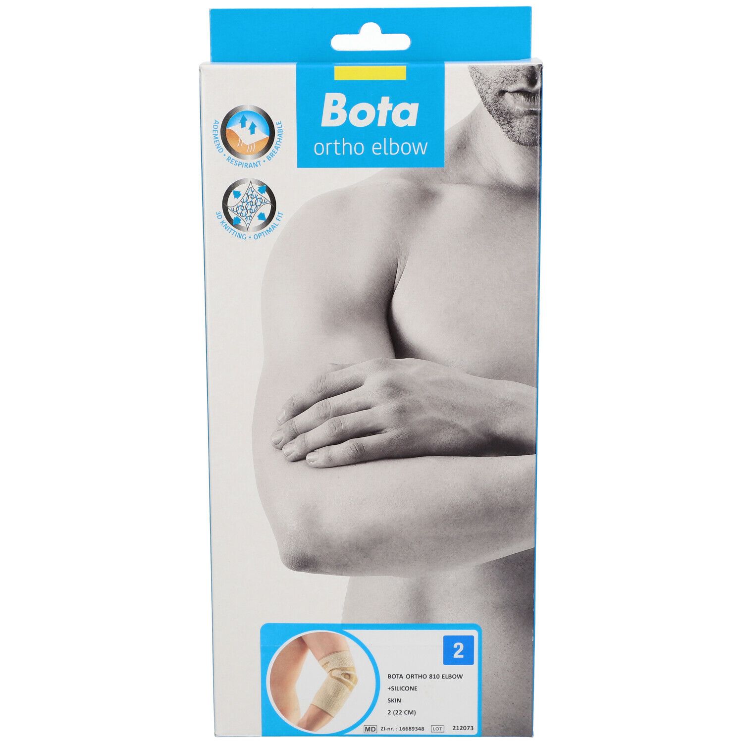 Face avant de l'emballage Bota Ortho Elbow. Illustration d'un bras et image du produit. Couleurs bleu et blanc.