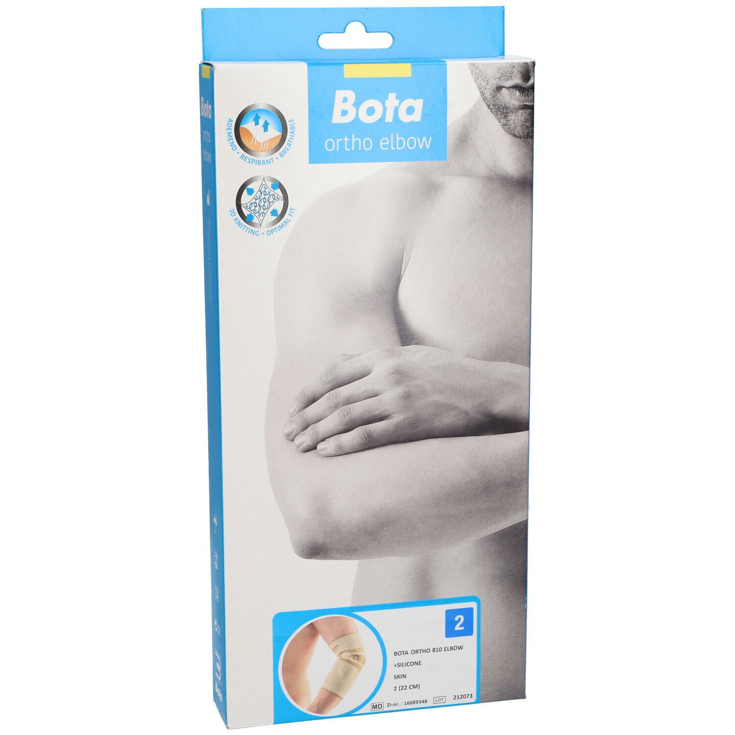 Face avant de l'emballage Bota Ortho Elbow. Illustration d'un bras et image du produit. Couleurs bleu et blanc.