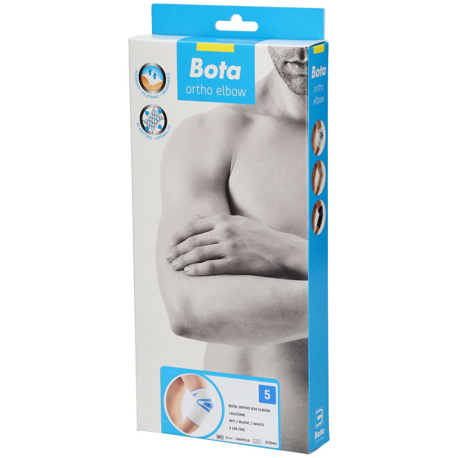Emballage Bota Ortho Elbow. Image d'un homme avec un bras. Image du produit en bas à droite. Taille M5.