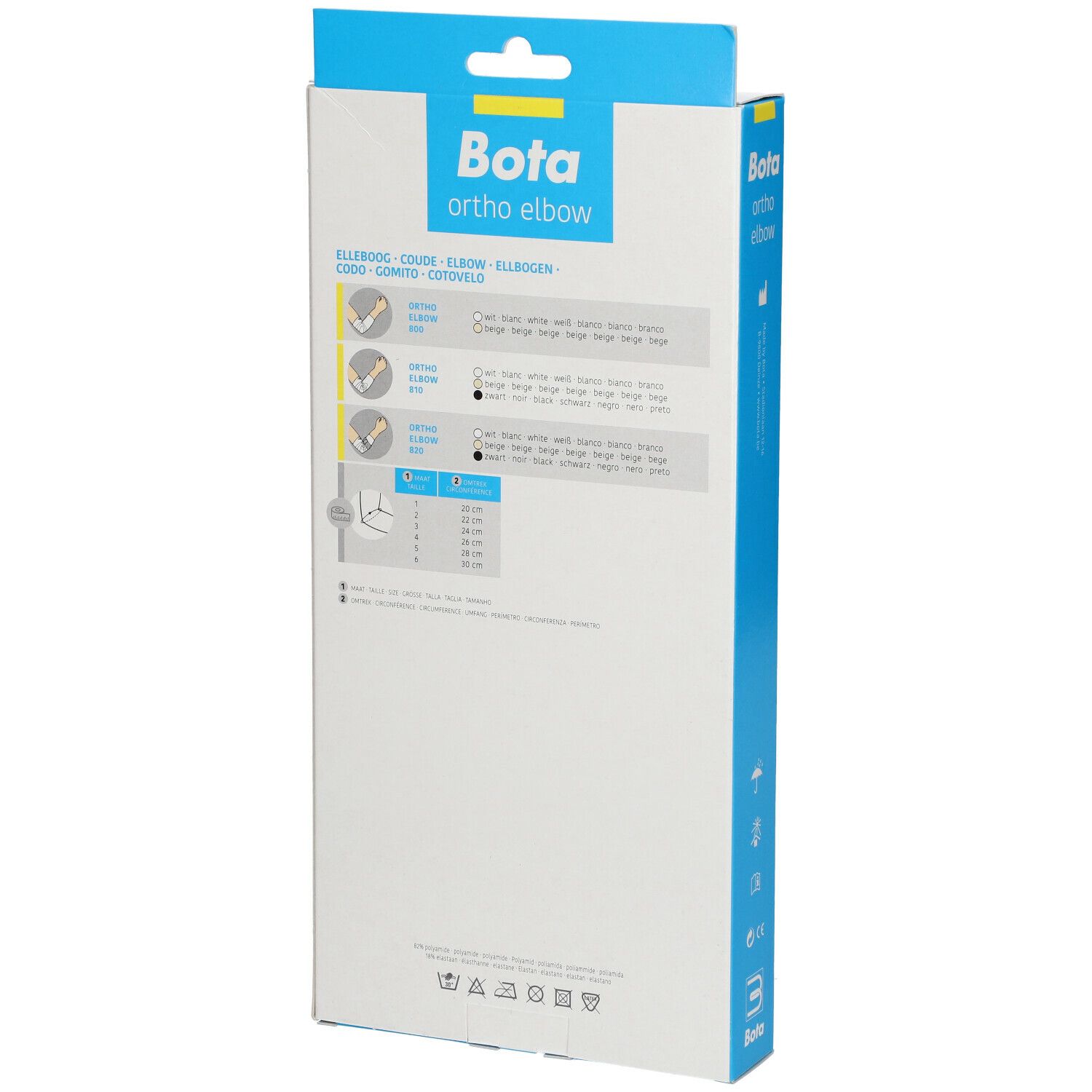 Dos de l'emballage Bota Ortho Elbow. Informations sur le produit et tailles. Symboles de lavage.
