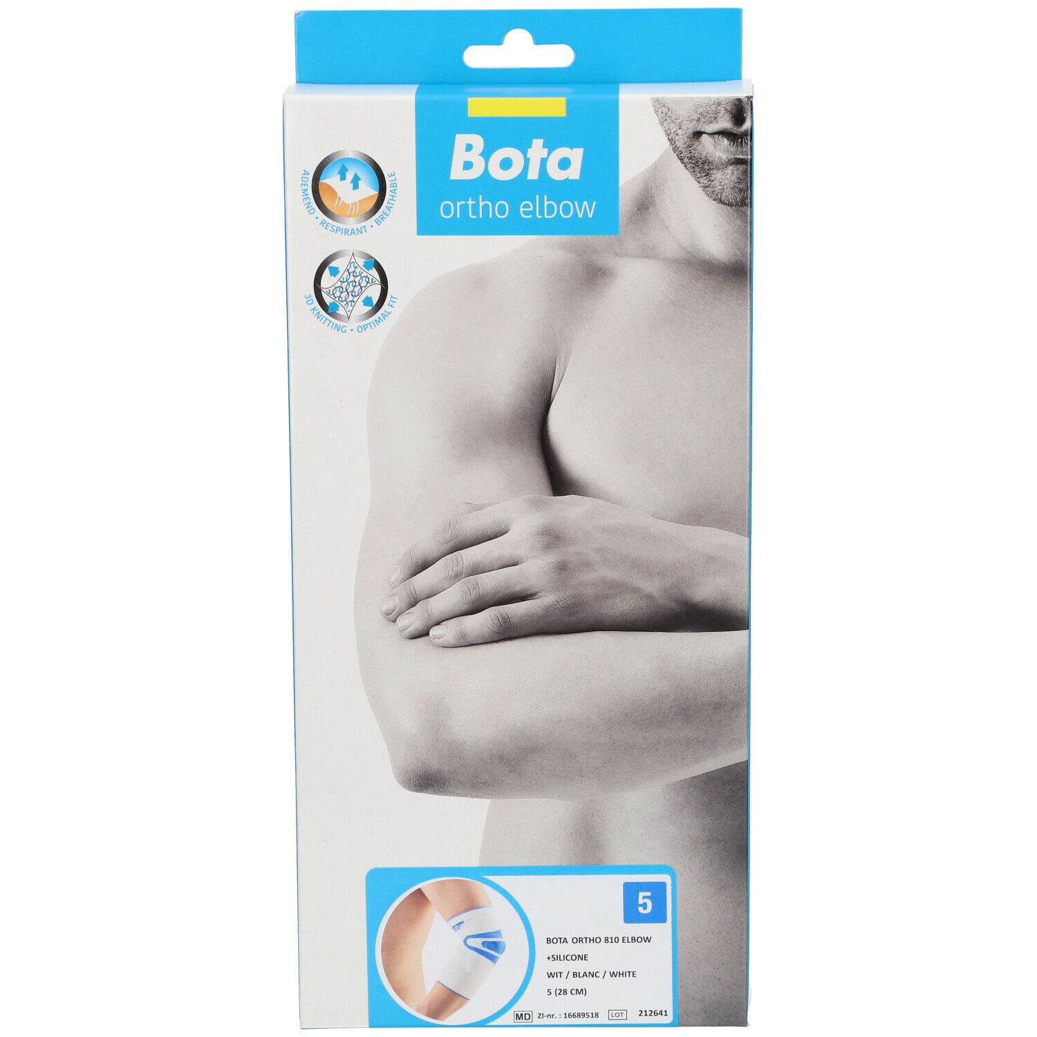 Emballage Bota Ortho Elbow. Image d'un homme avec un bras. Image du produit en bas à droite. Taille M5.