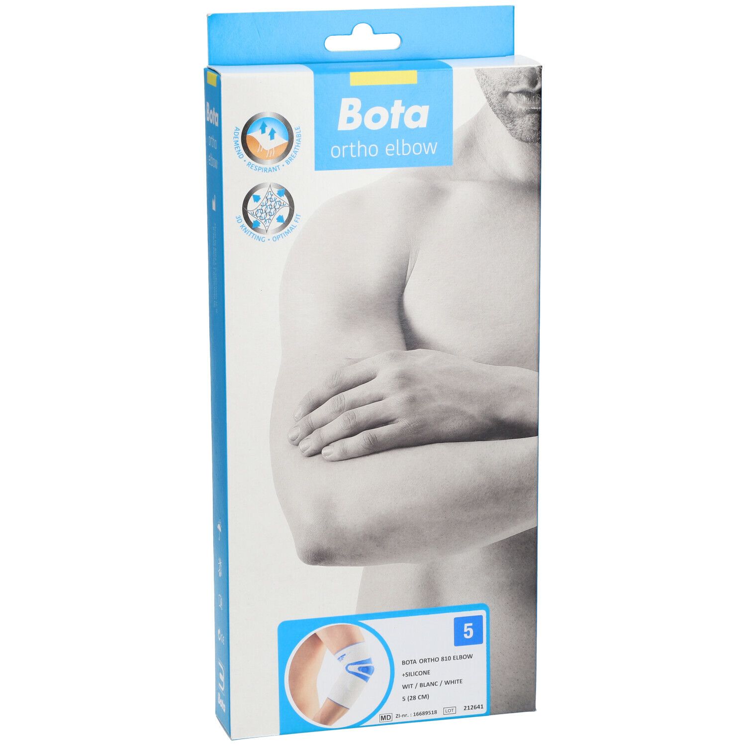 Emballage Bota Ortho Elbow. Image d'un homme avec un bras. Image du produit en bas à droite. Taille M5.