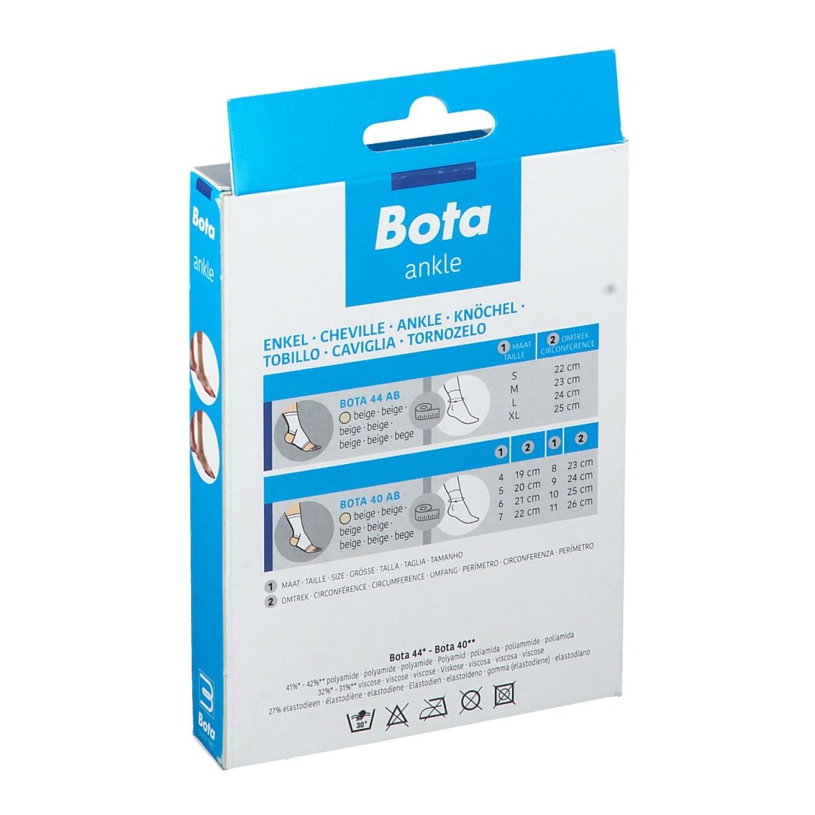 Dos de la boîte Bota ankle. Informations de taille pour chevillères. Beige, tailles S-XL.