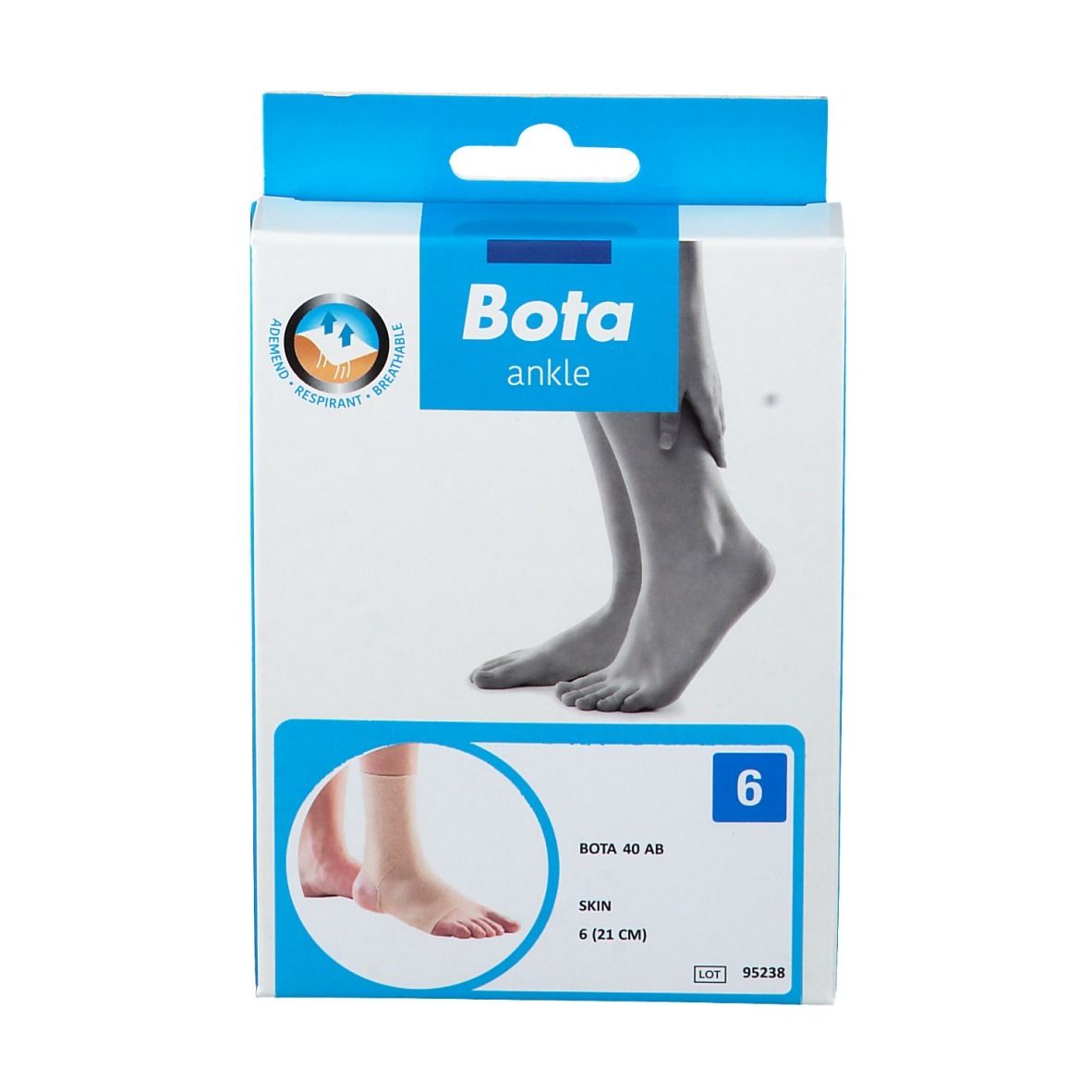 Boîte Bota ankle. Inscription : Bota 40 AB, Skin, taille 6 (21 cm). Illustration d'un pied.