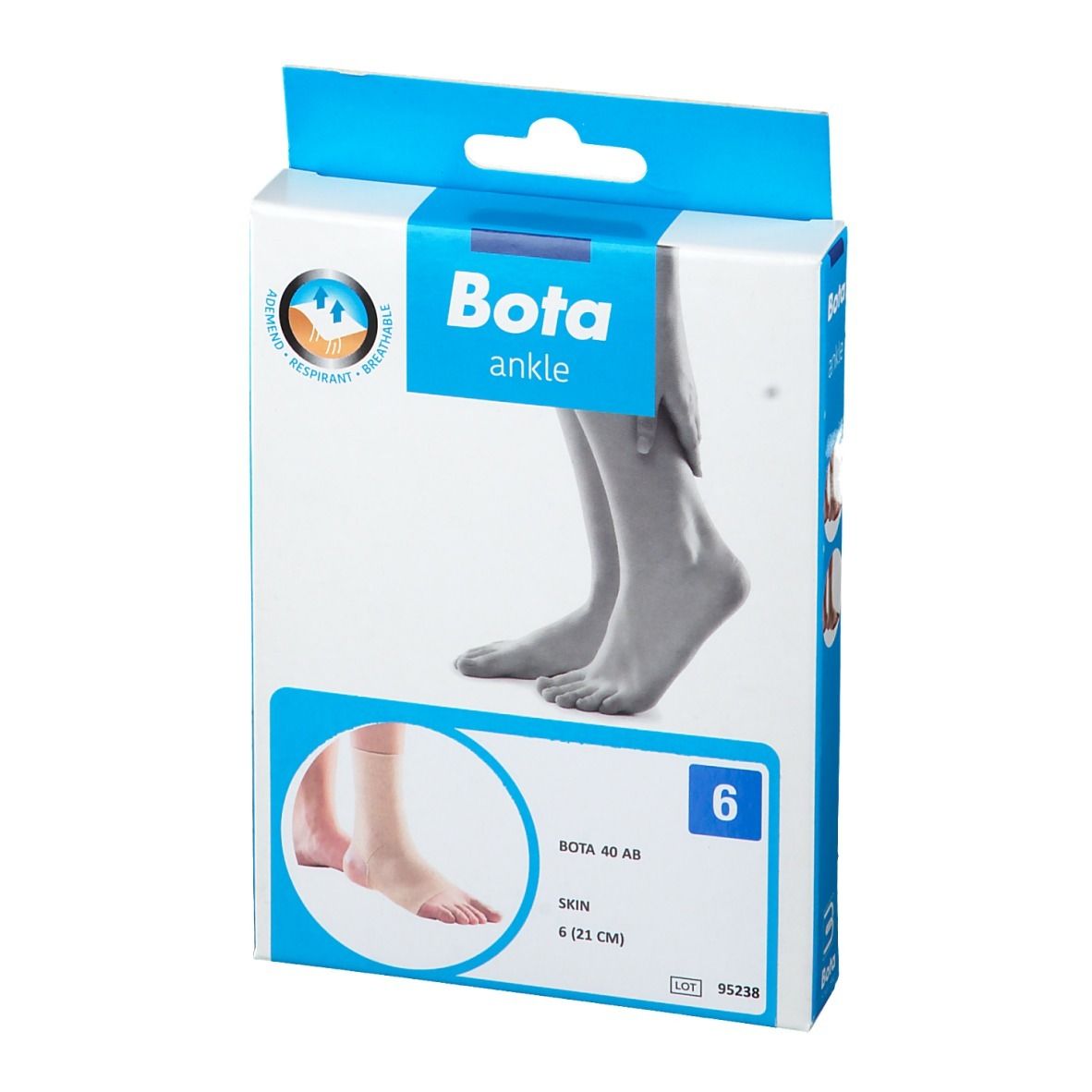 Boîte Bota ankle. Inscription : Bota 40 AB, Skin, taille 6 (21 cm). Illustration d'un pied.