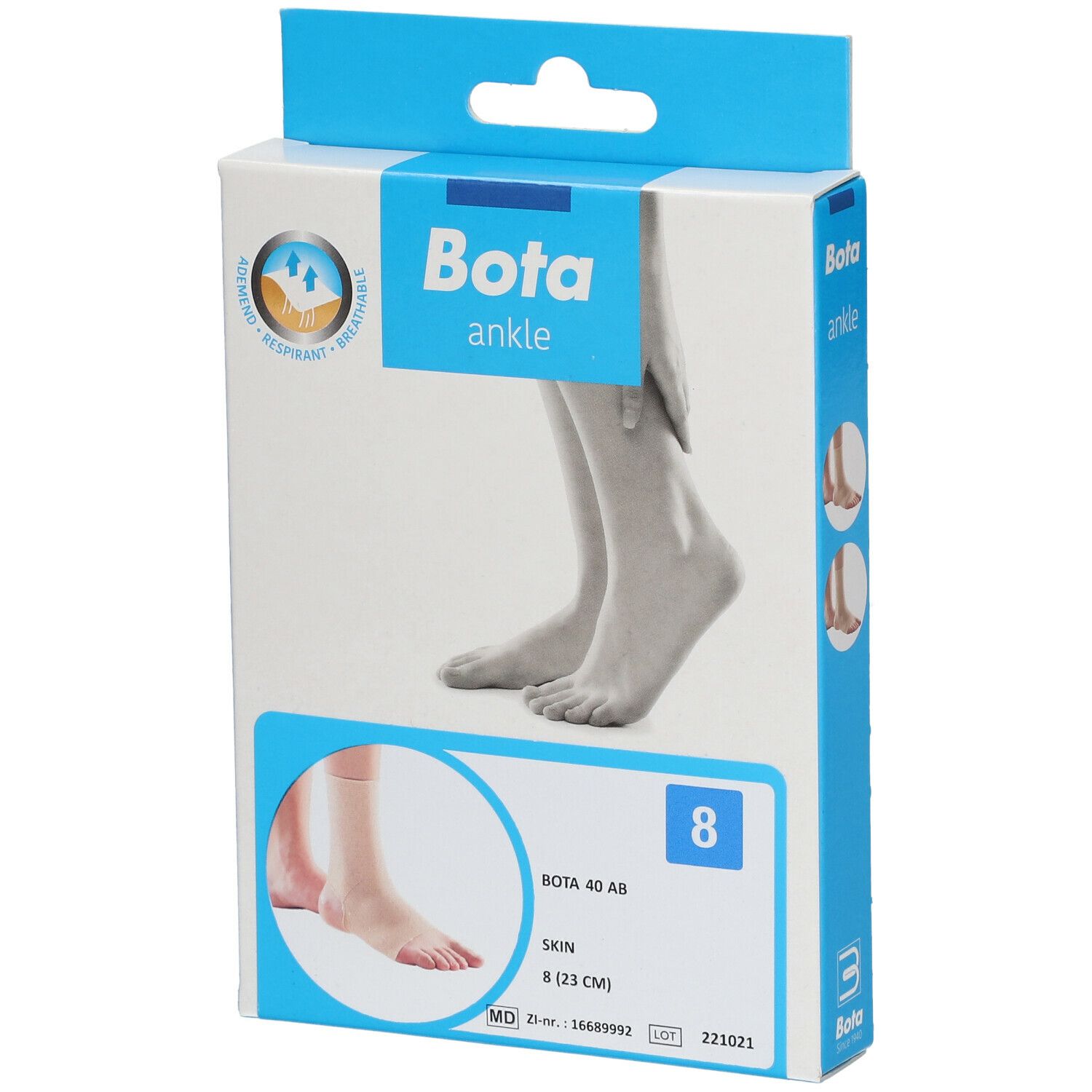 Bota 40 AB cheville taille 8. Boîte avec illustration du produit. Produit couleur peau, taille 8 (23 cm).