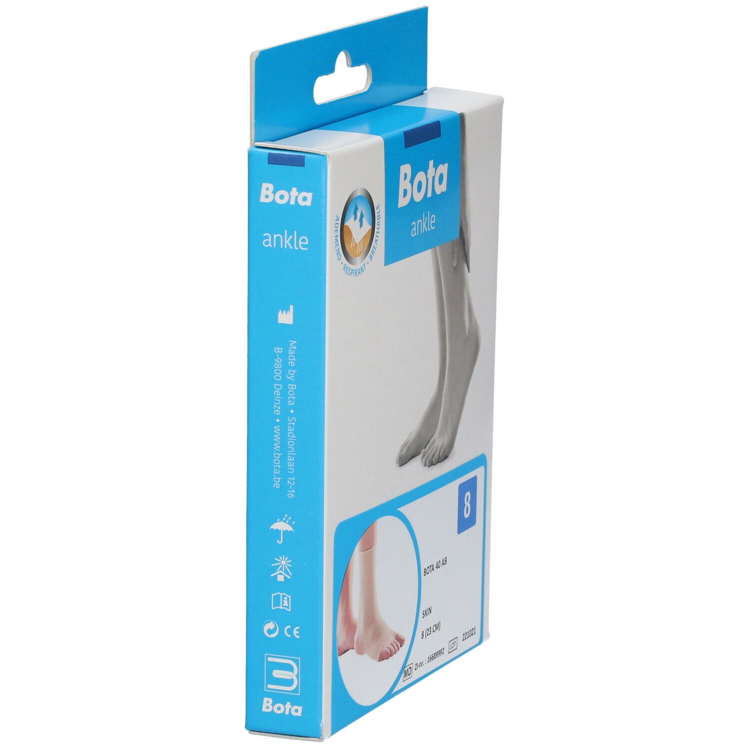 Vue latérale de l'emballage Bota. Illustration du produit et indication de taille. Taille 8. Nom et logo du produit.
