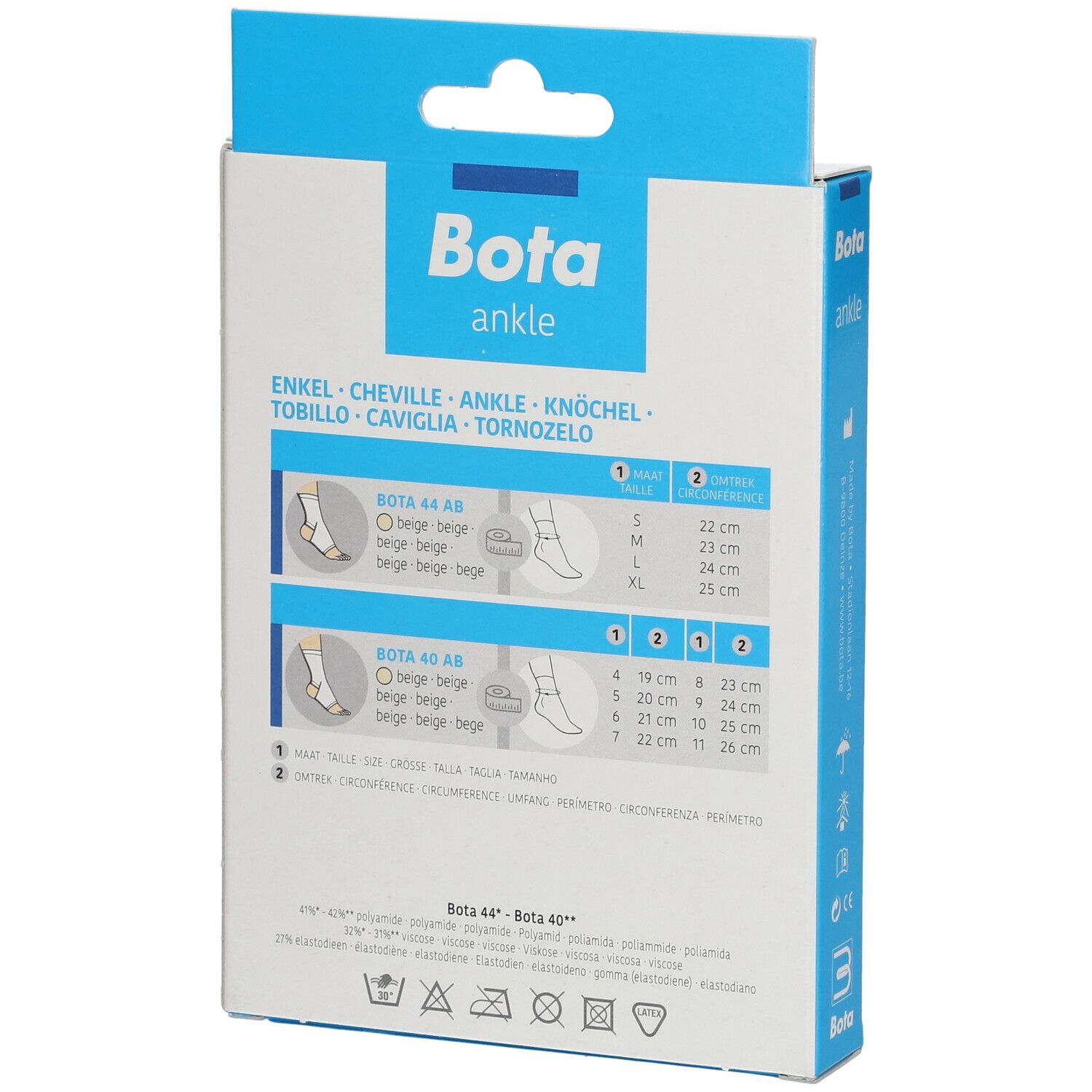 Dos de l'emballage Bota. Informations de taille pour les chevillières. Illustrations et mesures du produit.
