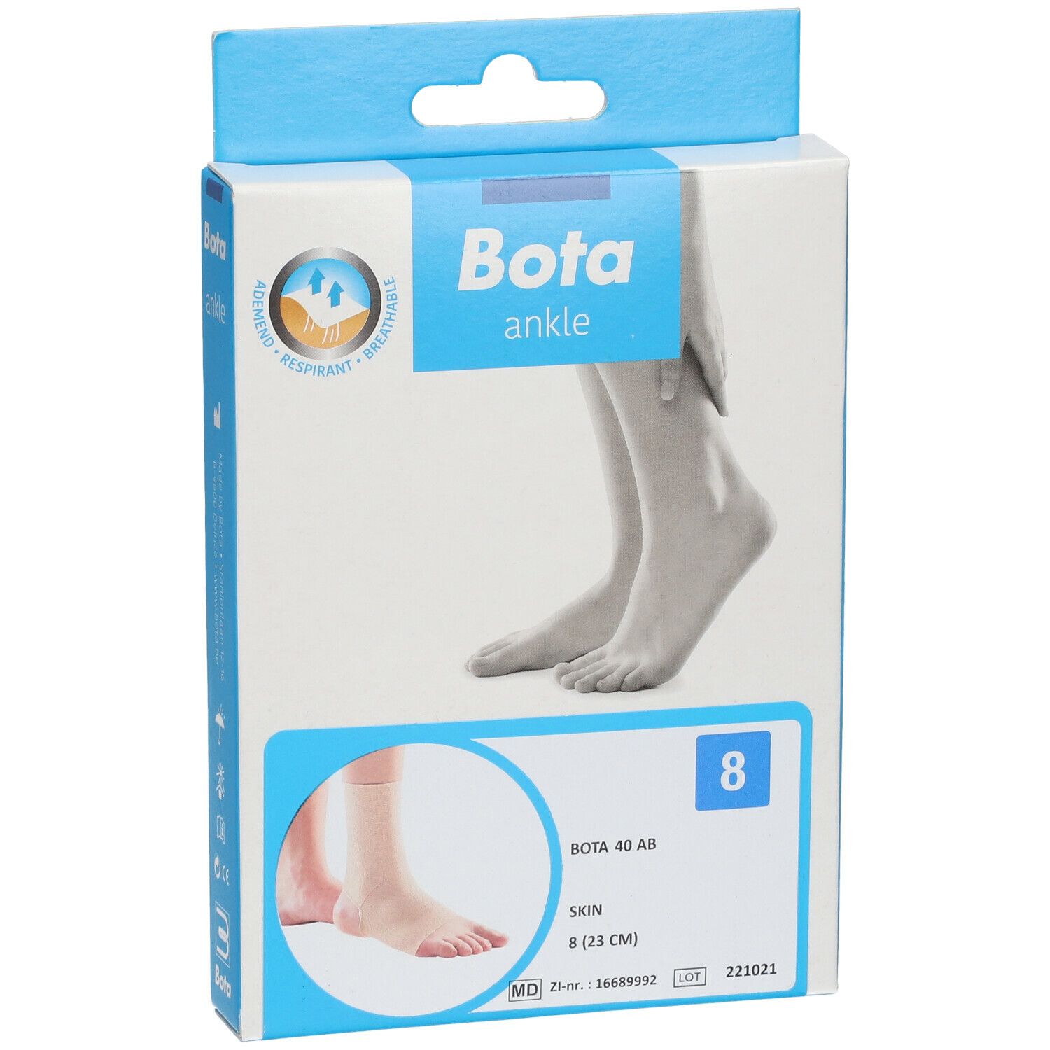 Bota 40 AB cheville taille 8. Boîte avec illustration du produit. Produit couleur peau, taille 8 (23 cm).