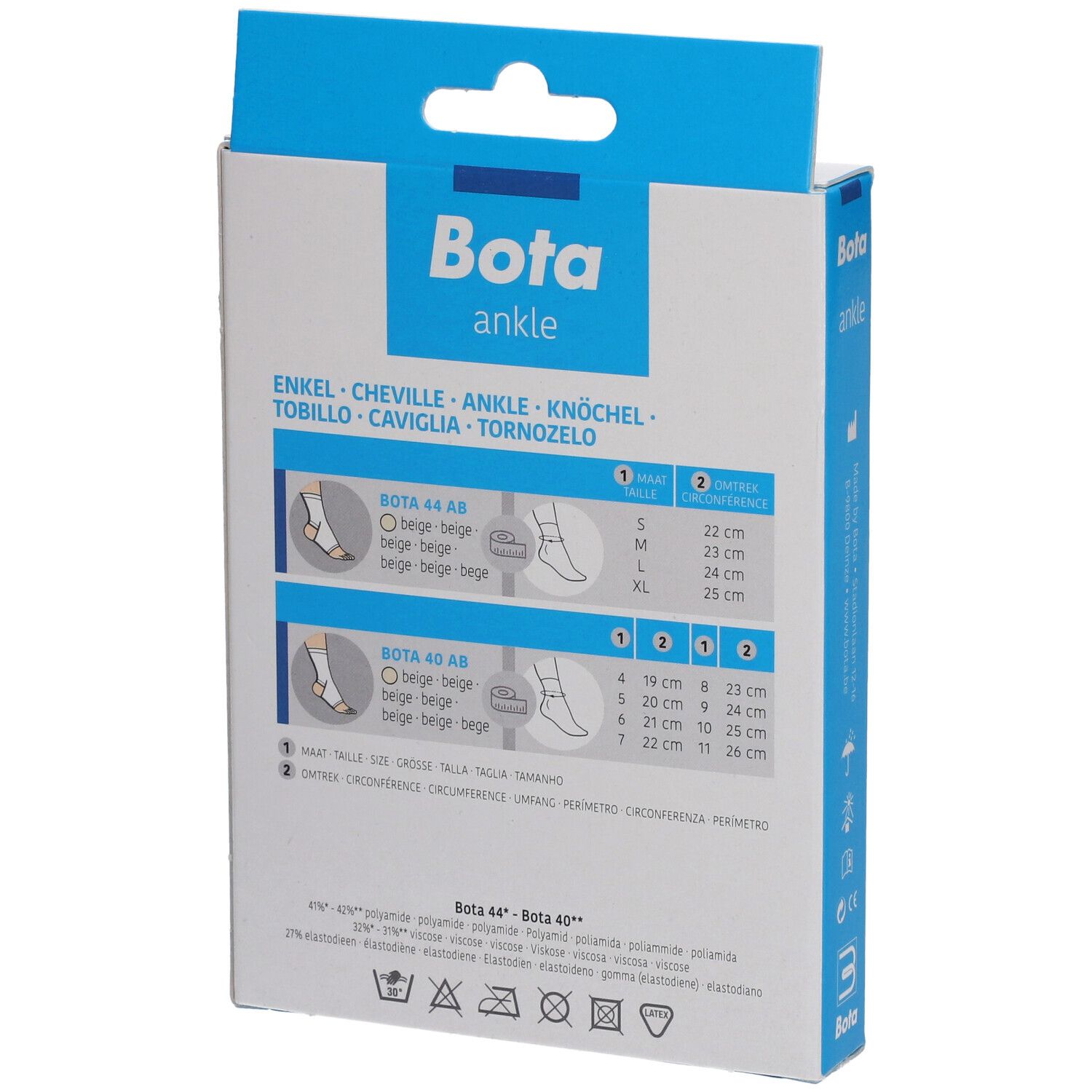 Emballage Bota 40 AB cheville. Dos avec informations de taille et illustrations du produit. Couleur beige.
