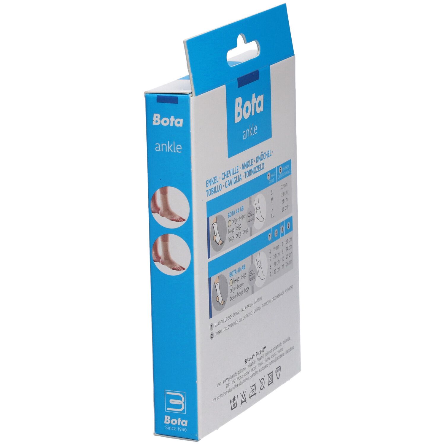 Emballage Bota ankle, vue latérale. Emballage bleu et blanc avec illustrations du produit et informations de taille.