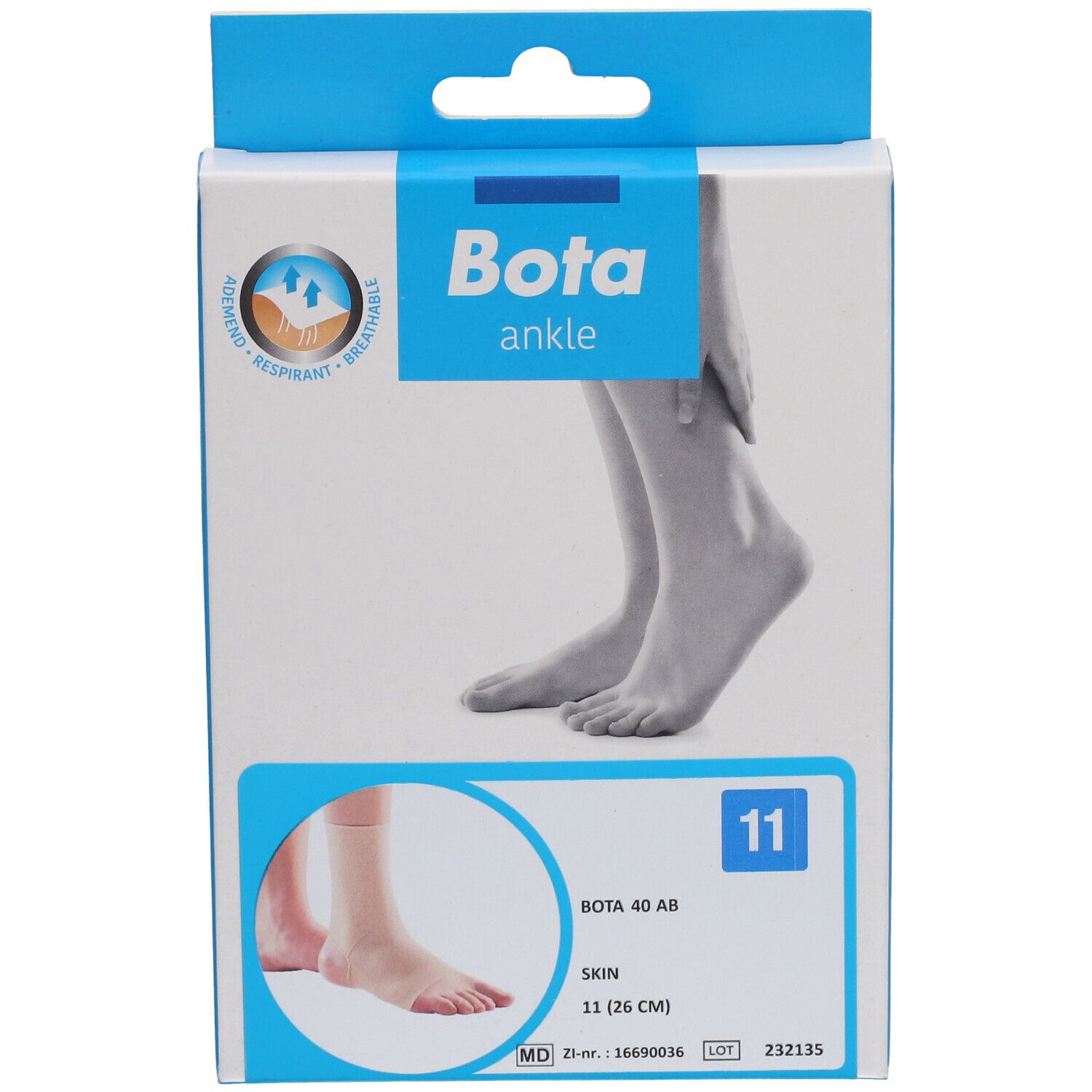 Emballage Bota ankle, vue de face. Illustration d'un pied. Taille 11 (26 cm). Couleur beige.