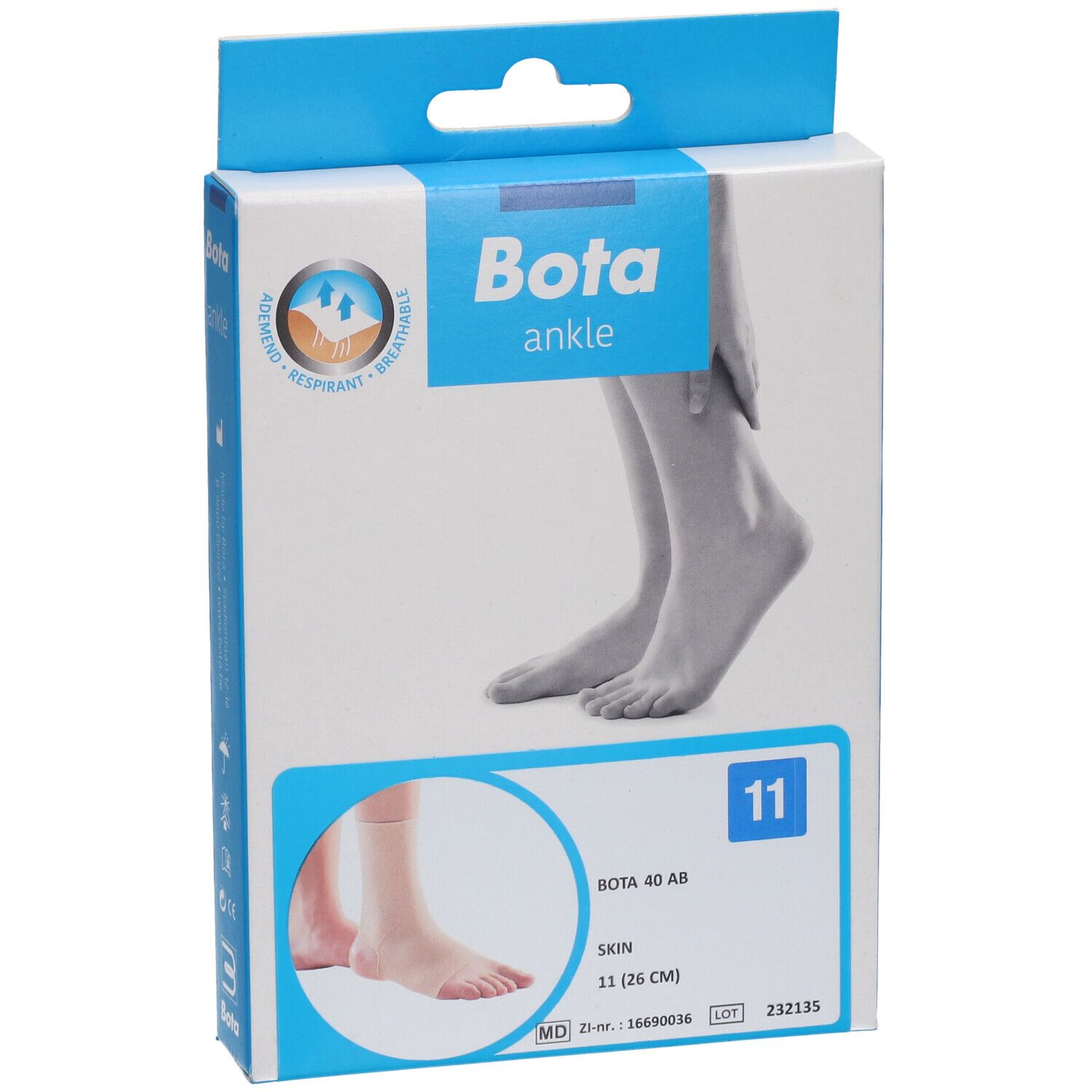 Emballage Bota ankle, vue de face. Illustration d'un pied. Taille 11 (26 cm). Couleur beige.