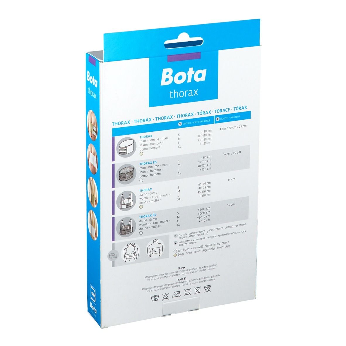 Dos de la boîte Bota thorax. Informations de taille, illustrations du produit, symboles de lavage.