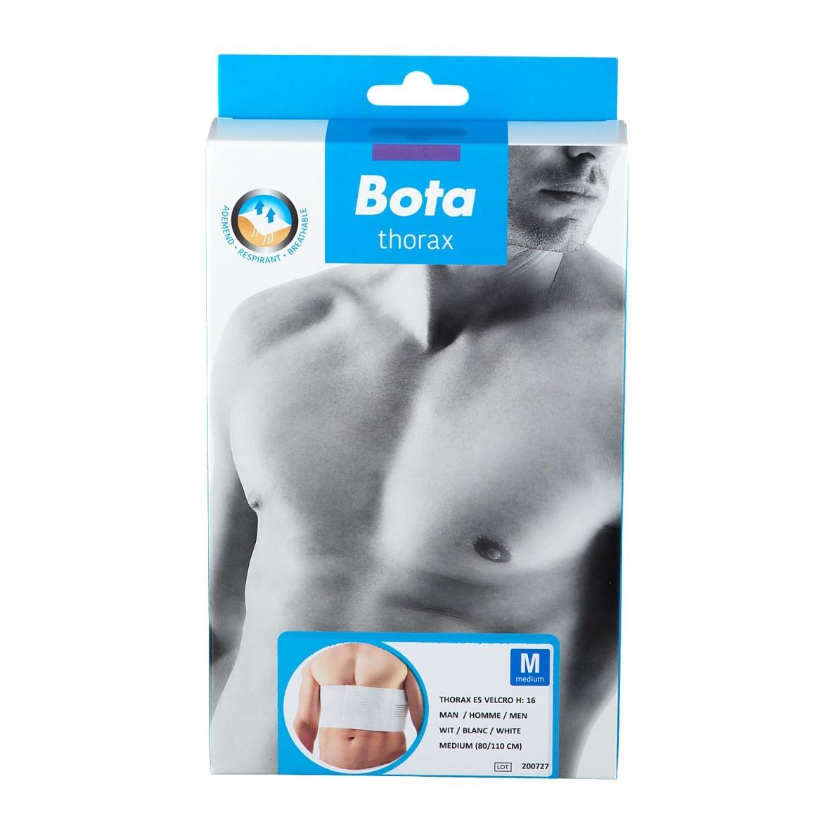 Boîte Bota thorax, vue de face. Inscription: thorax, taille M, blanc. Marque CE.