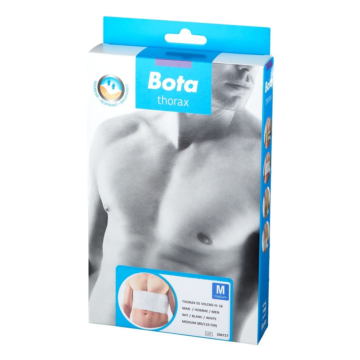Boîte Bota thorax, légèrement en biais. Inscription: thorax, taille M, blanc. Marque CE.