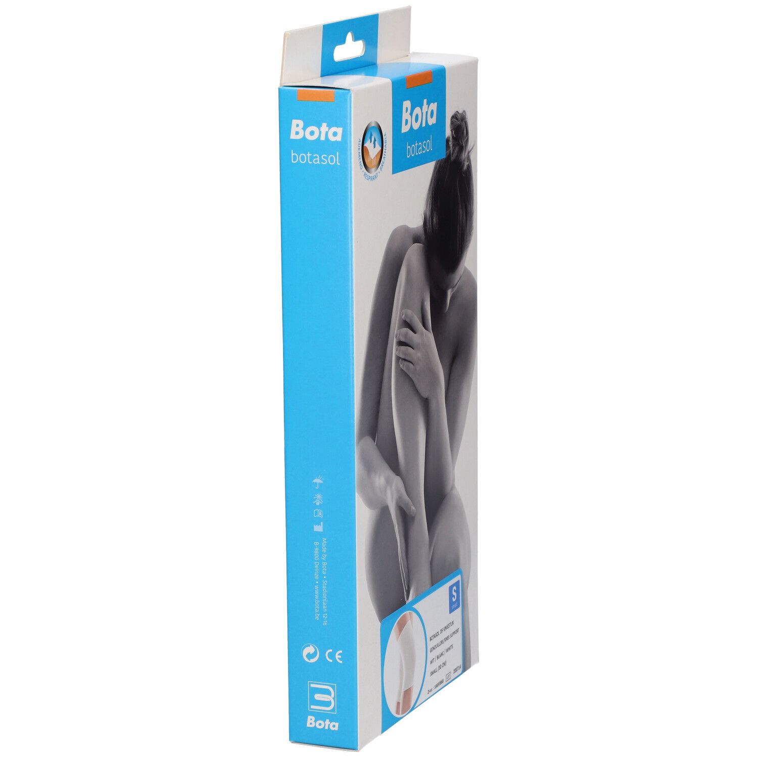 Seitenansicht der Bota Botasol Kniebandage Verpackung. Produktname, Abbildung einer Frau und Größenangabe.