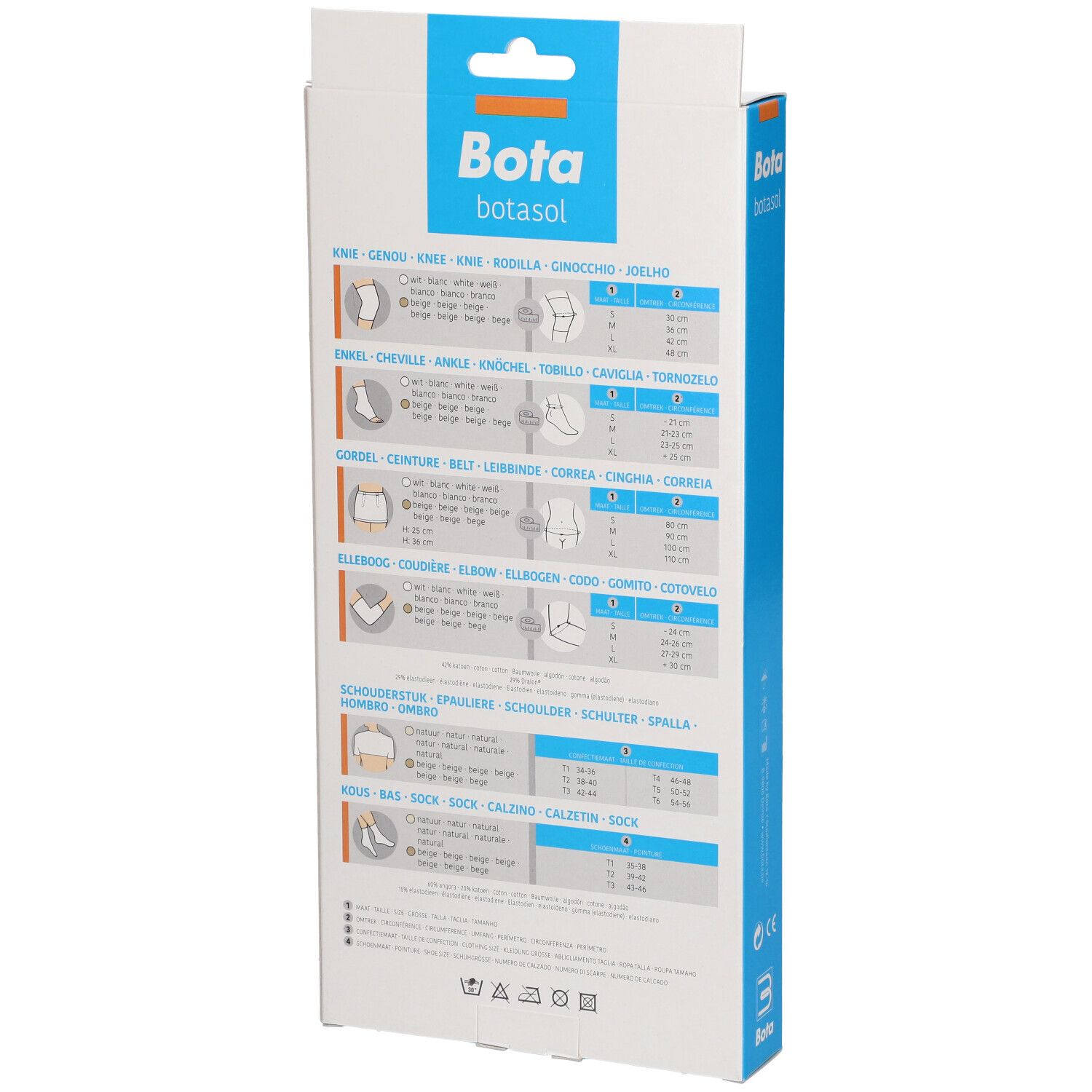Rückseite der Bota Botasol Kniebandage Verpackung. Tabellen mit Produktinformationen und Größen.