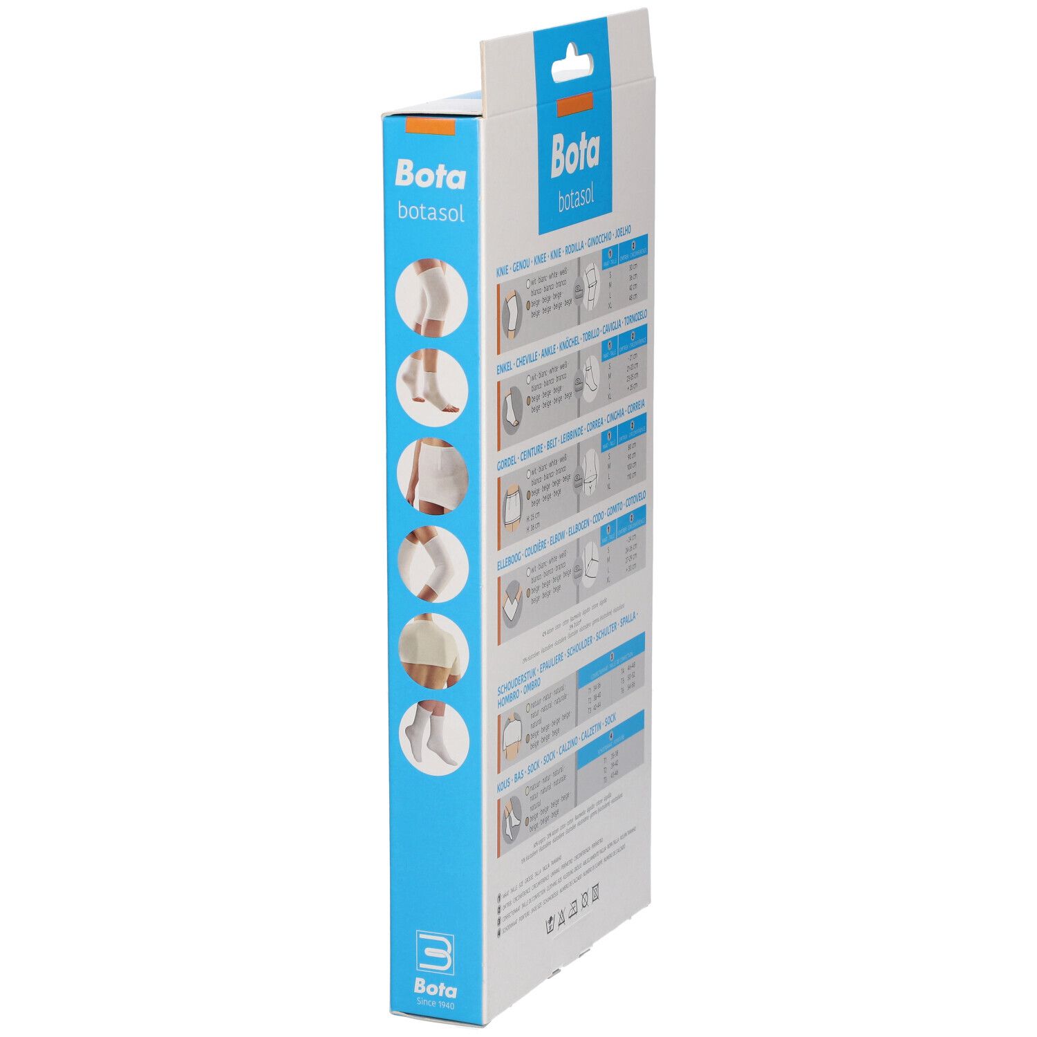 Seitenansicht der Bota Botasol Kniebandage Verpackung. Produktabbildungen und Größenangaben.