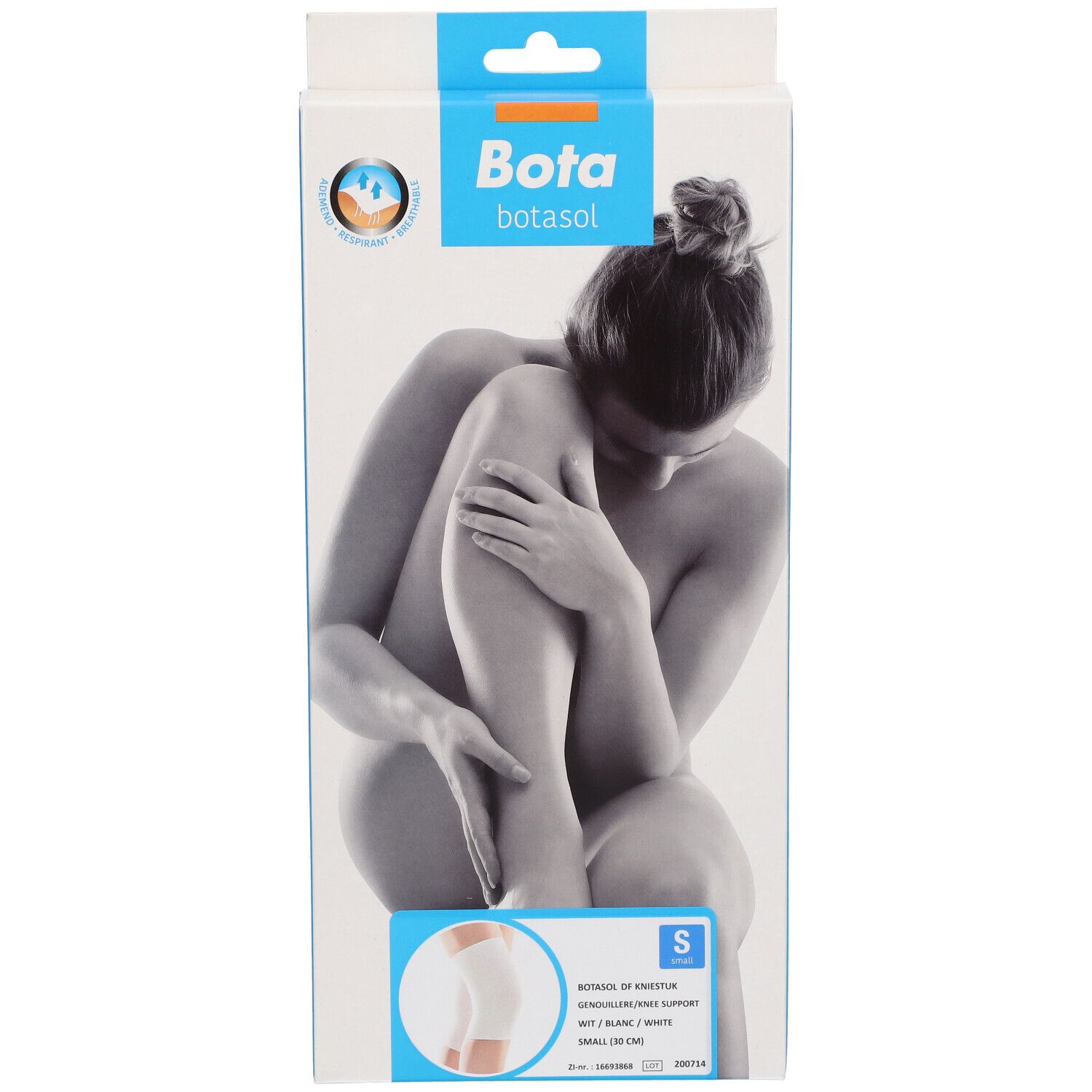 Verpackung von Bota Botasol Kniebandage. Abbildung einer Frau. Produktabbildung und Größenangabe.