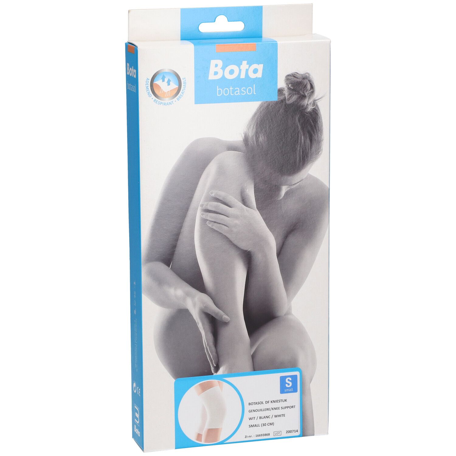 Verpackung von Bota Botasol Kniebandage. Abbildung einer Frau. Produktabbildung und Größenangabe.