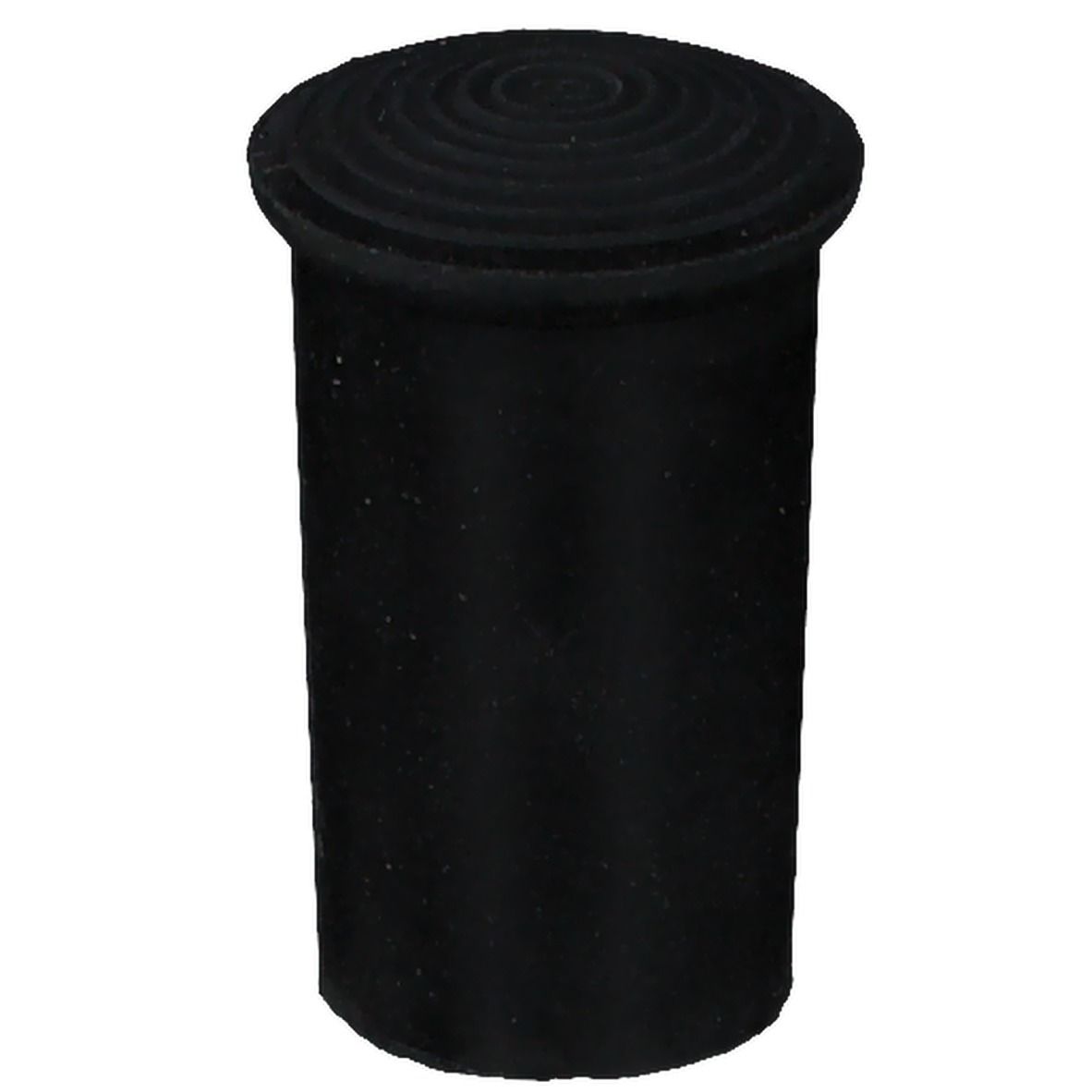 Bouchon en caoutchouc noir avec dessus rainuré. Forme cylindrique.