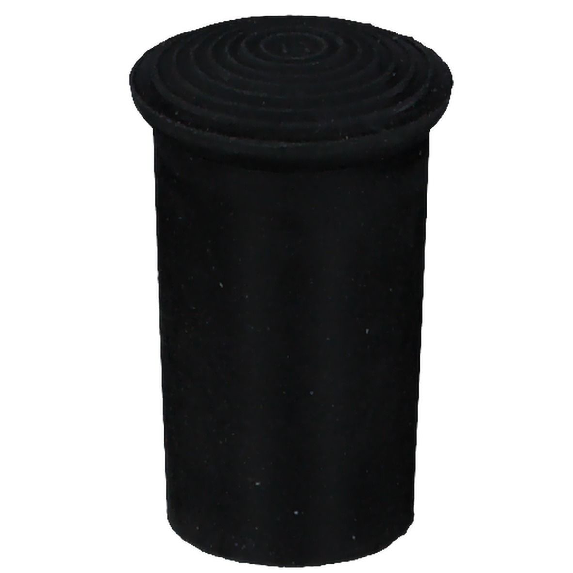 Bouchon en caoutchouc noir avec dessus rainuré. Forme cylindrique.