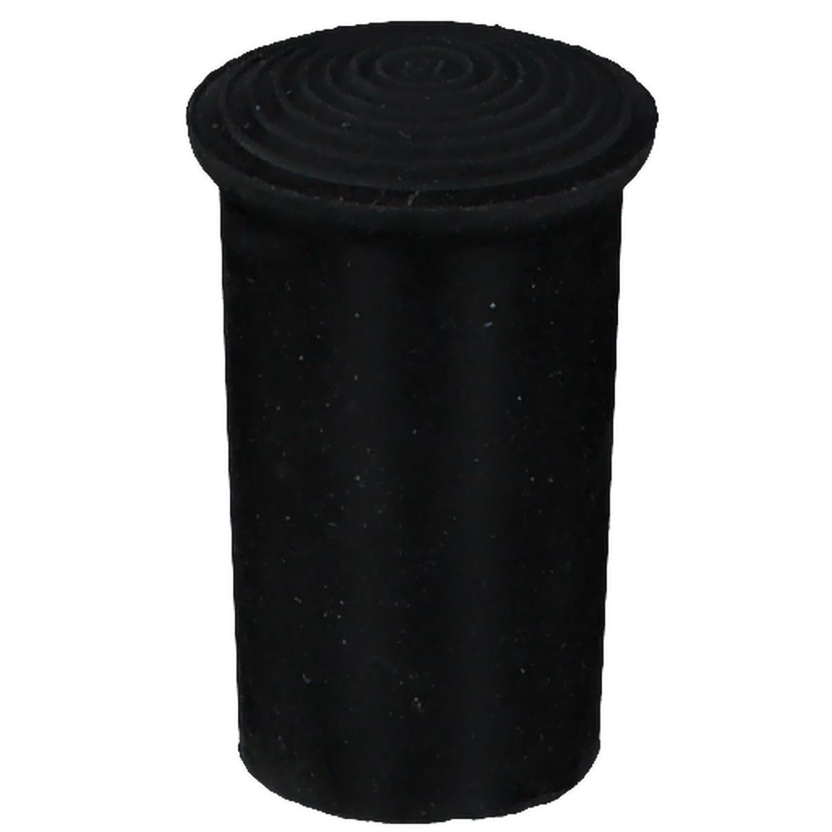 Bouchon en caoutchouc noir avec dessus rainuré. Forme cylindrique.