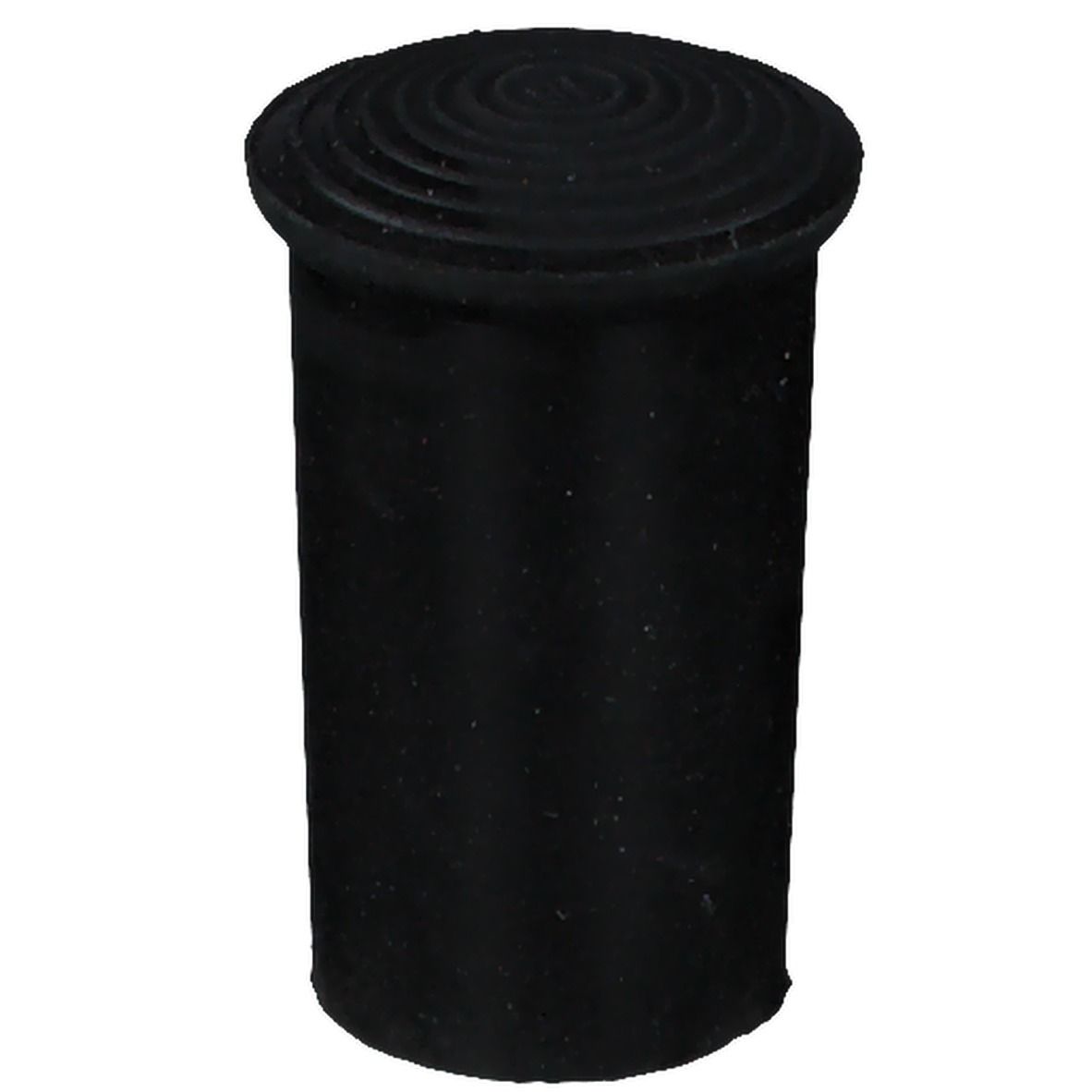 Bouchon en caoutchouc noir avec dessus rainuré. Forme cylindrique.