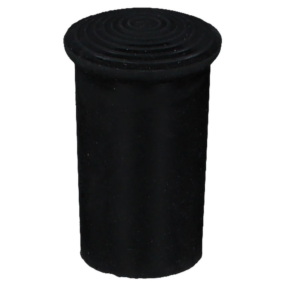 Bouchon en caoutchouc noir avec dessus rainuré. Forme cylindrique.