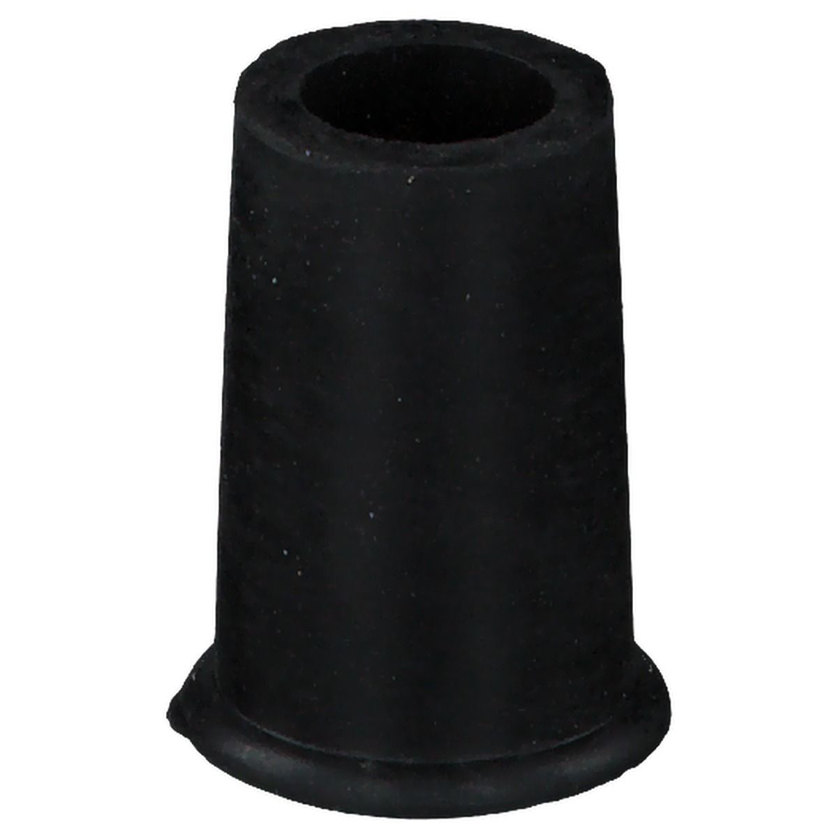 Bouchon en caoutchouc noir. Forme cylindrique avec une base large et un trou au centre. Vue détaillée.