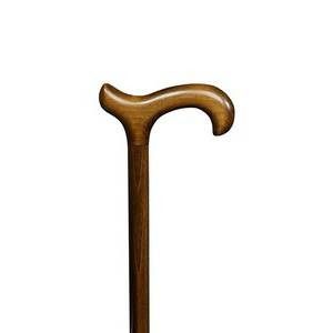 Canne en bois marron. Poignée ergonomique incurvée. Fond blanc.