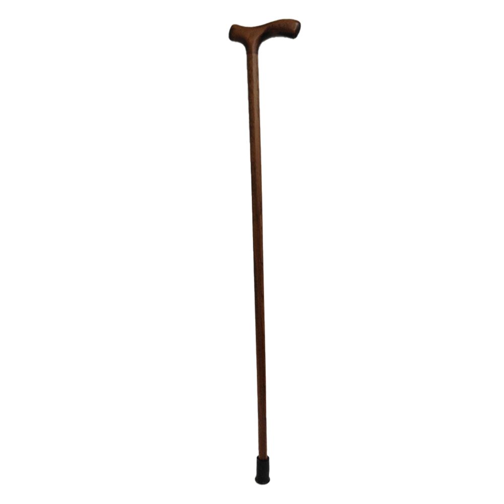 Canne en bois marron foncé avec poignée en T. Embout en caoutchouc noir.