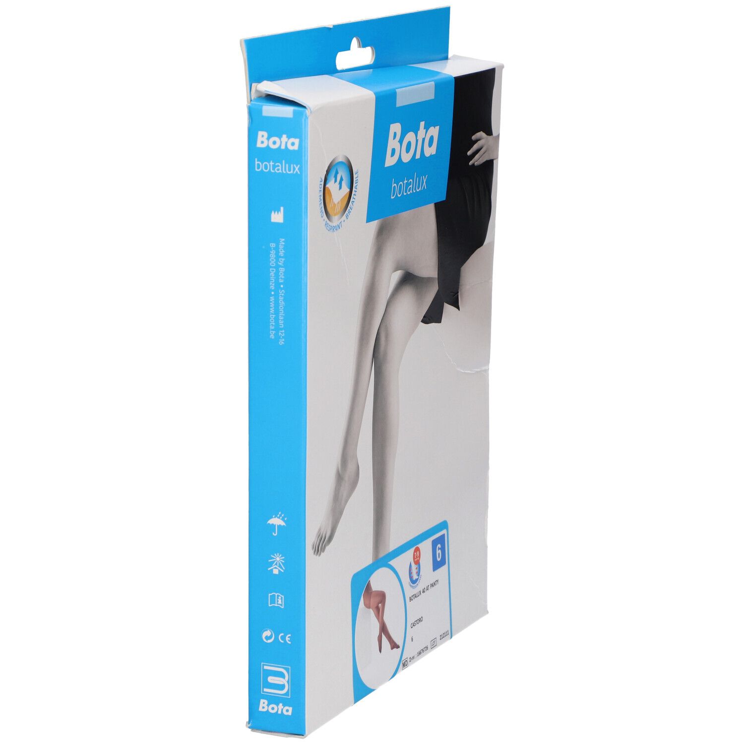 Verpackung Bota Botalux 70 AT Höschen, Größe 6, Farbe Castano. Seitenansicht mit Produktmerkmalen.