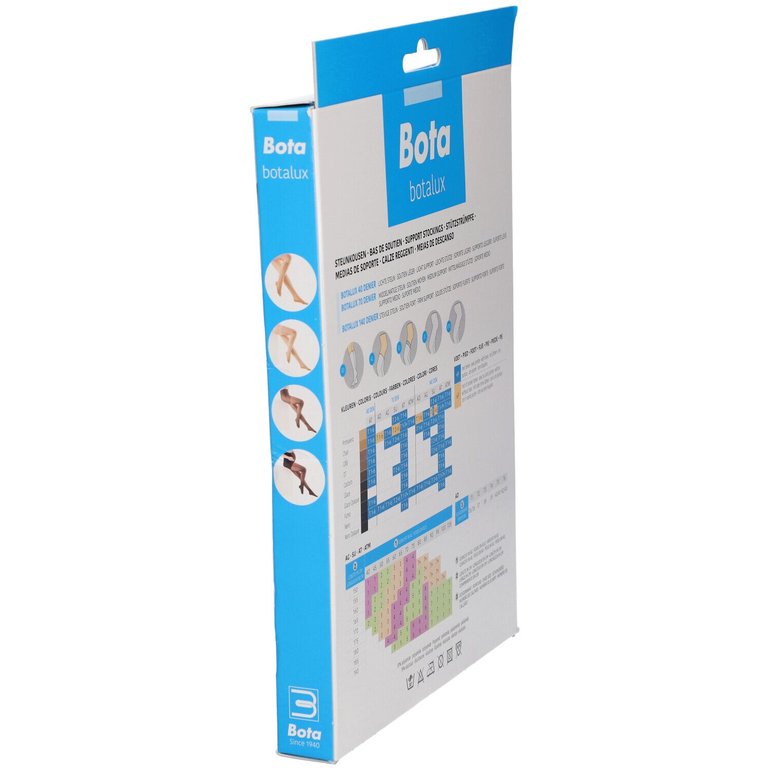 Verpackung Bota Botalux 70 AT Höschen, Rückseite. Zeigt Größentabelle, Farboptionen und Pflegehinweise.