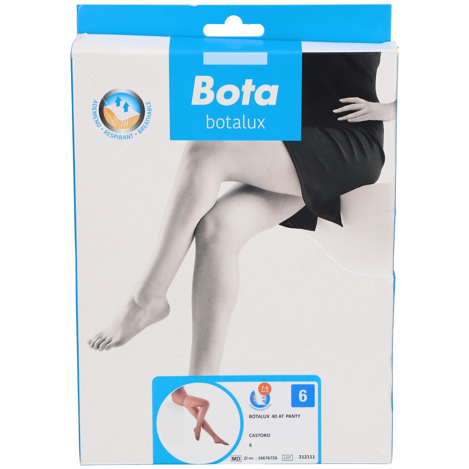 Verpackung Bota Botalux 70 AT Höschen, Größe 6, Farbe Castano. Zeigt eine Frau mit Strumpfhose.