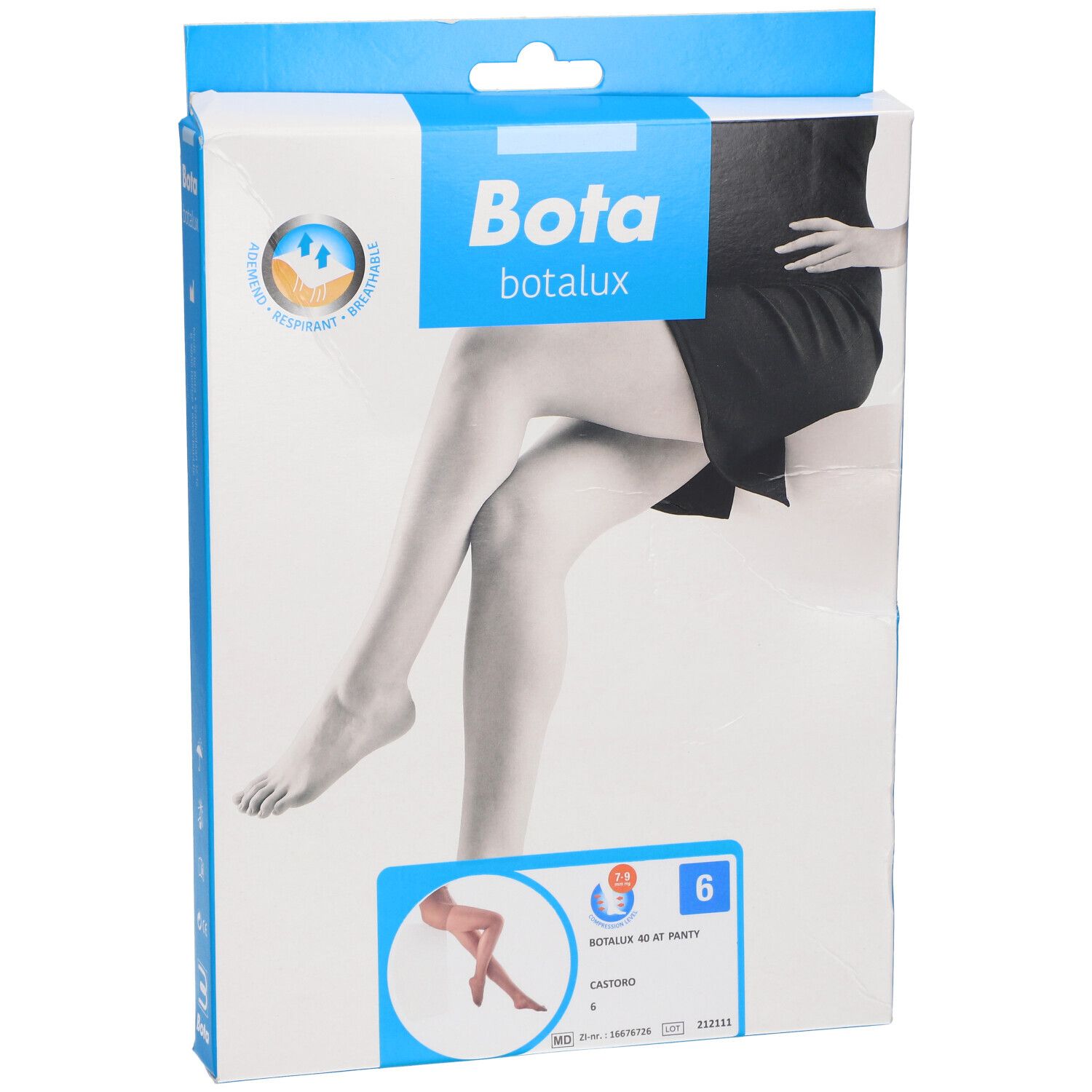Verpackung Bota Botalux 70 AT Höschen, Größe 6, Farbe Castano. Zeigt eine Frau mit Strumpfhose.