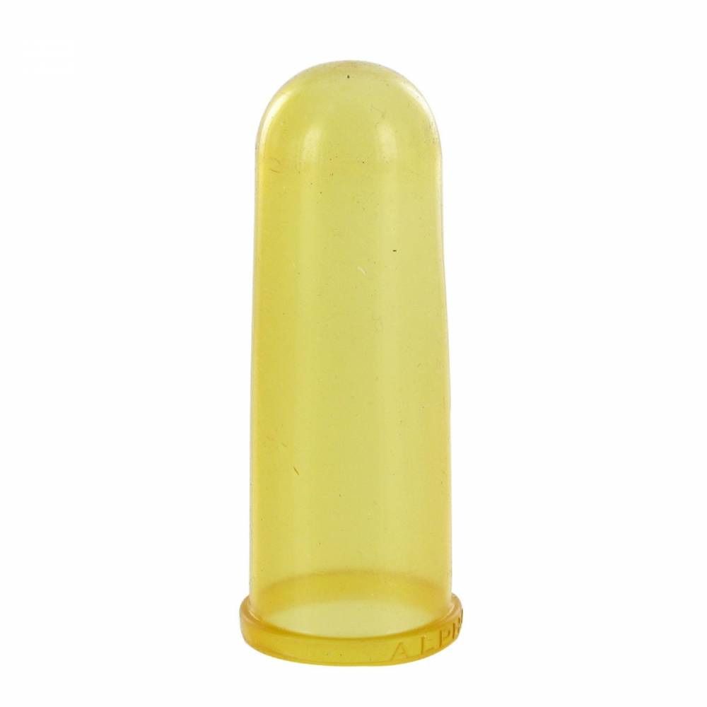 Doigtier jaune, cylindrique avec extrémité arrondie. Anneau à la base avec inscription.