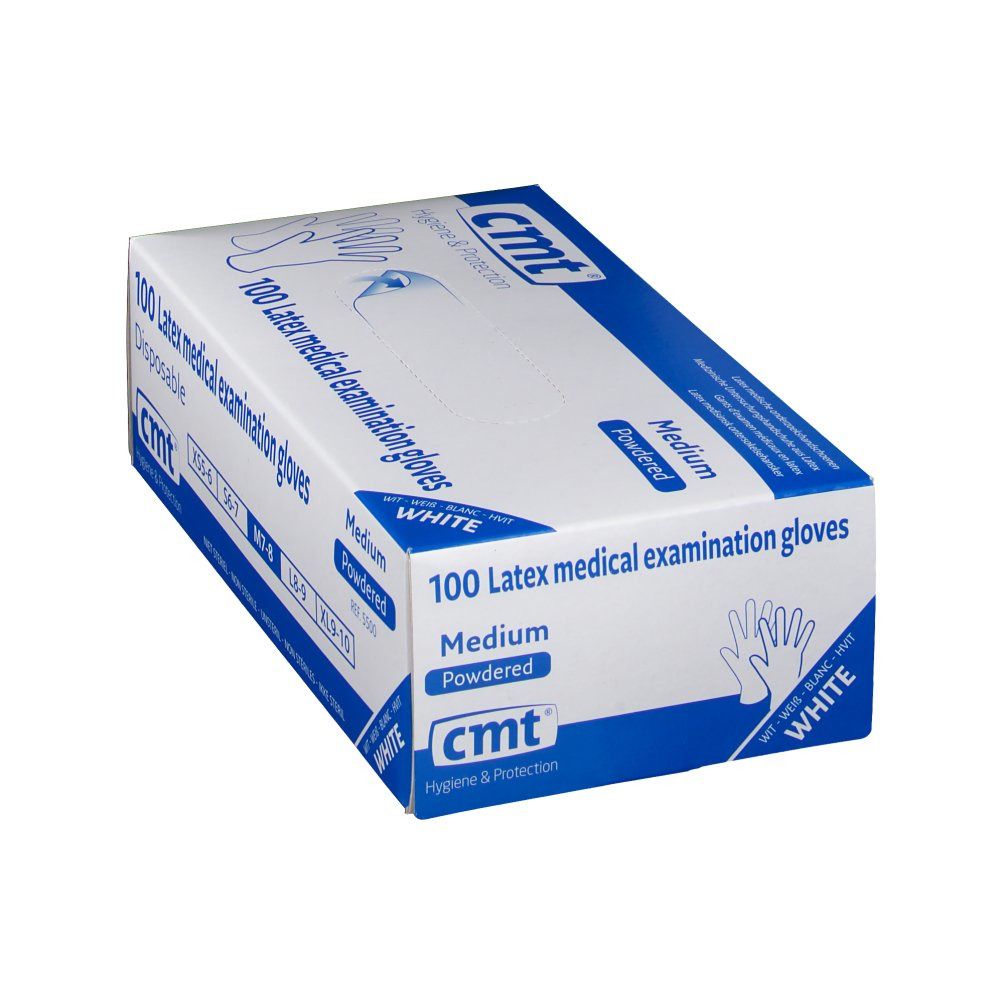 Boîte blanche avec logo cmt® et inscription "100 Latex medical examination gloves". Taille Medium, poudrés.